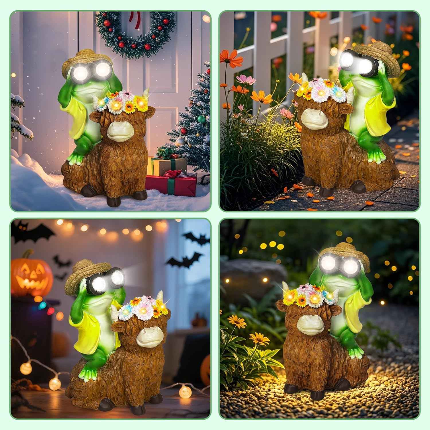 EDOF Solar Garden Lights Frog Sitting on Highland Cow Statue with Flower Garden Decor, for Women Mom,Frog Highland Cow Outdoor Figurine Decorative LED Lights for Yard Art Patio Porch Lawn
