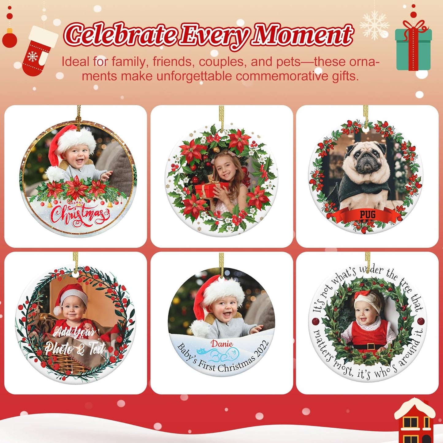 Double Sided Personalized Christmas Ornaments with Photo Custom Christmas Ornament 2025 Customized Xmas Wreath Ornaments for Family Friend Dog Gift - Ceramic, Glass, Wood, Acrylic Materials