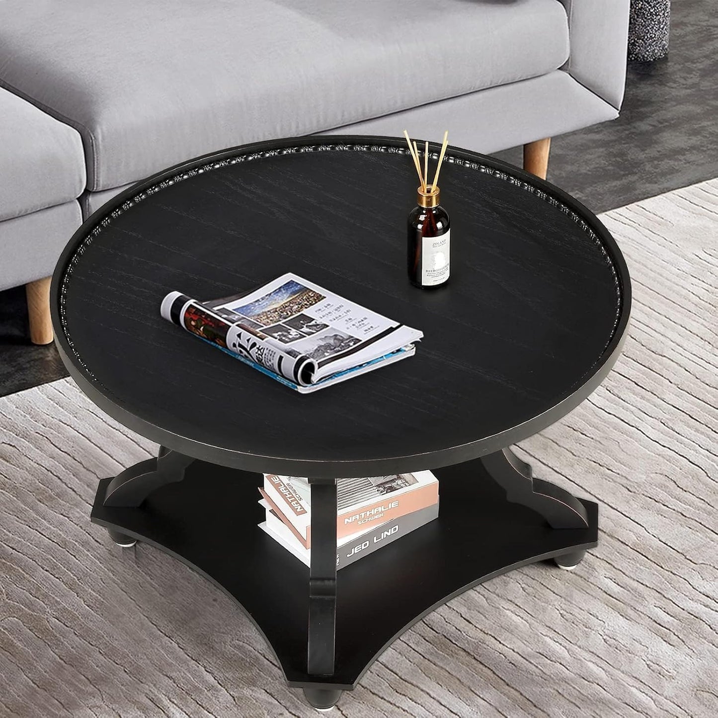 Wnutrees Farmhouse Round Coffee Table, Wood Tray Top Circle Coffee Table with Storage Shelf Rustic Style for Living Room and Vintage Finish, Black