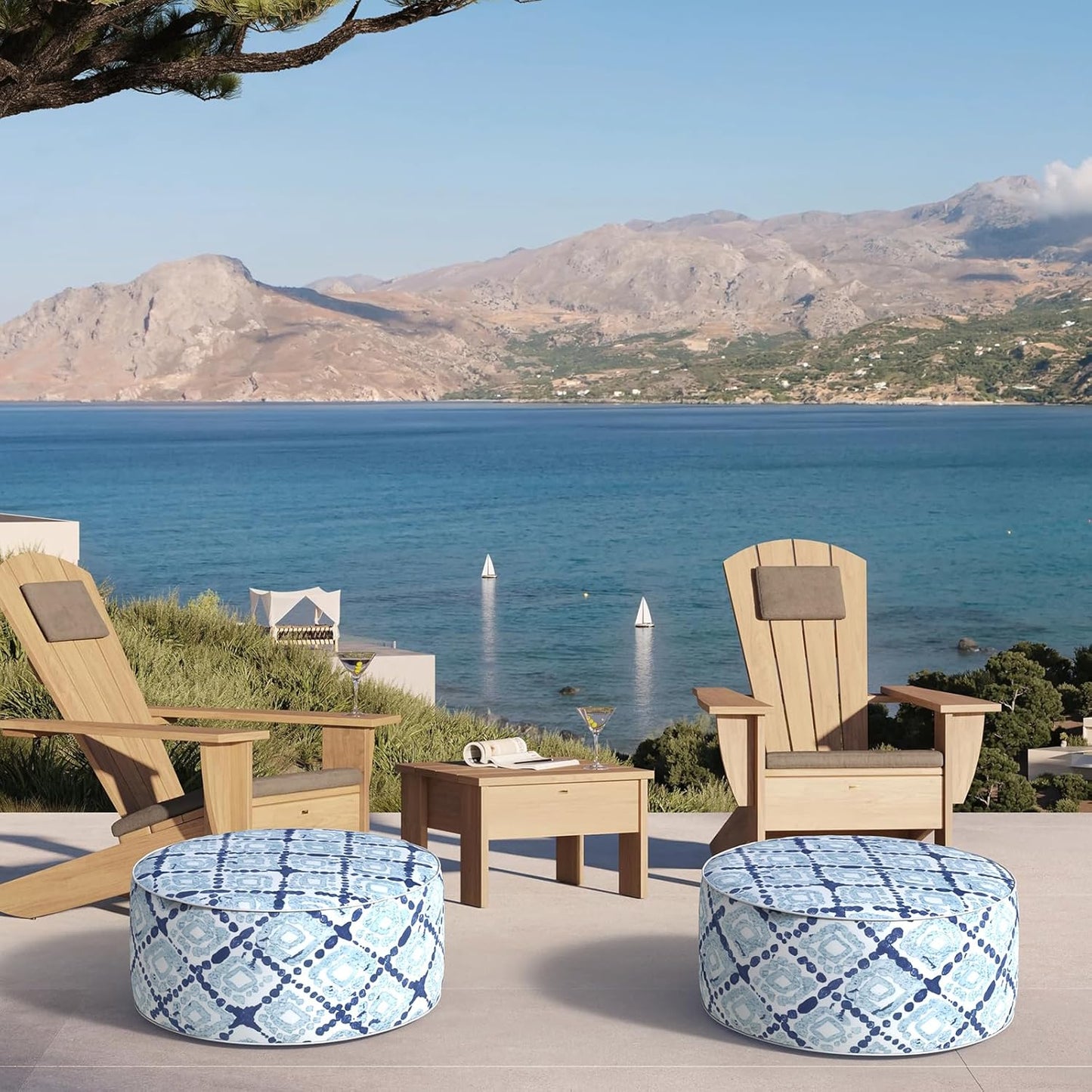 DYTXIII Inflatable Ottoman Stool D21 xH9 for Outdoor/Indoor Use, Water Repellent Patio Foot Rest with Portable Handle,Round Pouf Ottoman Suitable for Garden,Deck and Camping - Geometry Blue