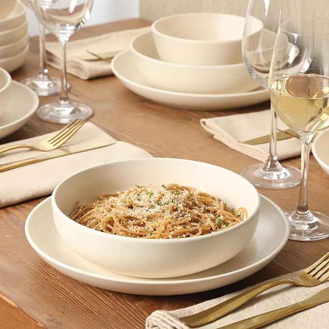 Gibson Elite Leeds Court Plates and Bowls Sets, 16-Piece Stoneware Dinnerware Sets, Cream White, Round Speckle Reactive Glaze Dish Set