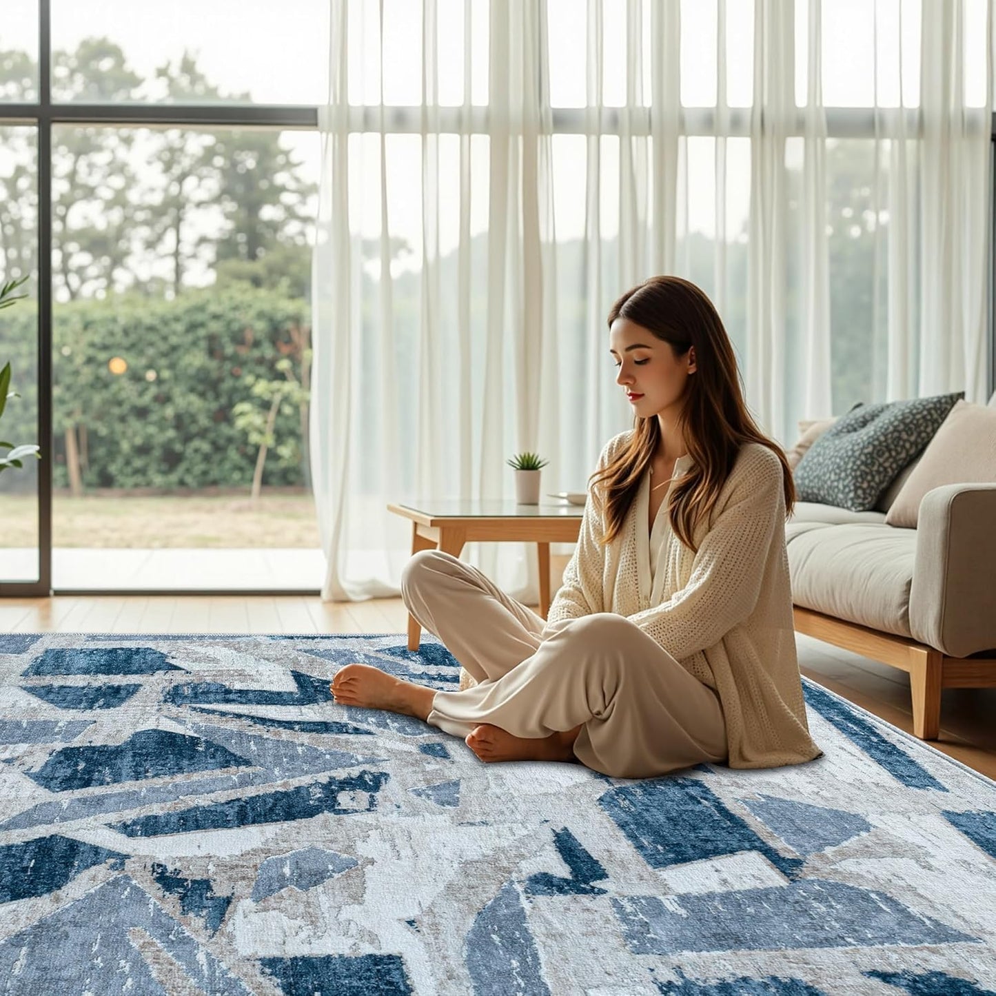 Blue 5X7 Area Rugs for Living Room Bedroom,Modern Abstract Large Carpet Washable Rugs 5X7 for Dining Room Office,Non Slip Print Faux Wool Thin 5 by 7 Indoor Nursery Kids Home Pet & Child Friendly
