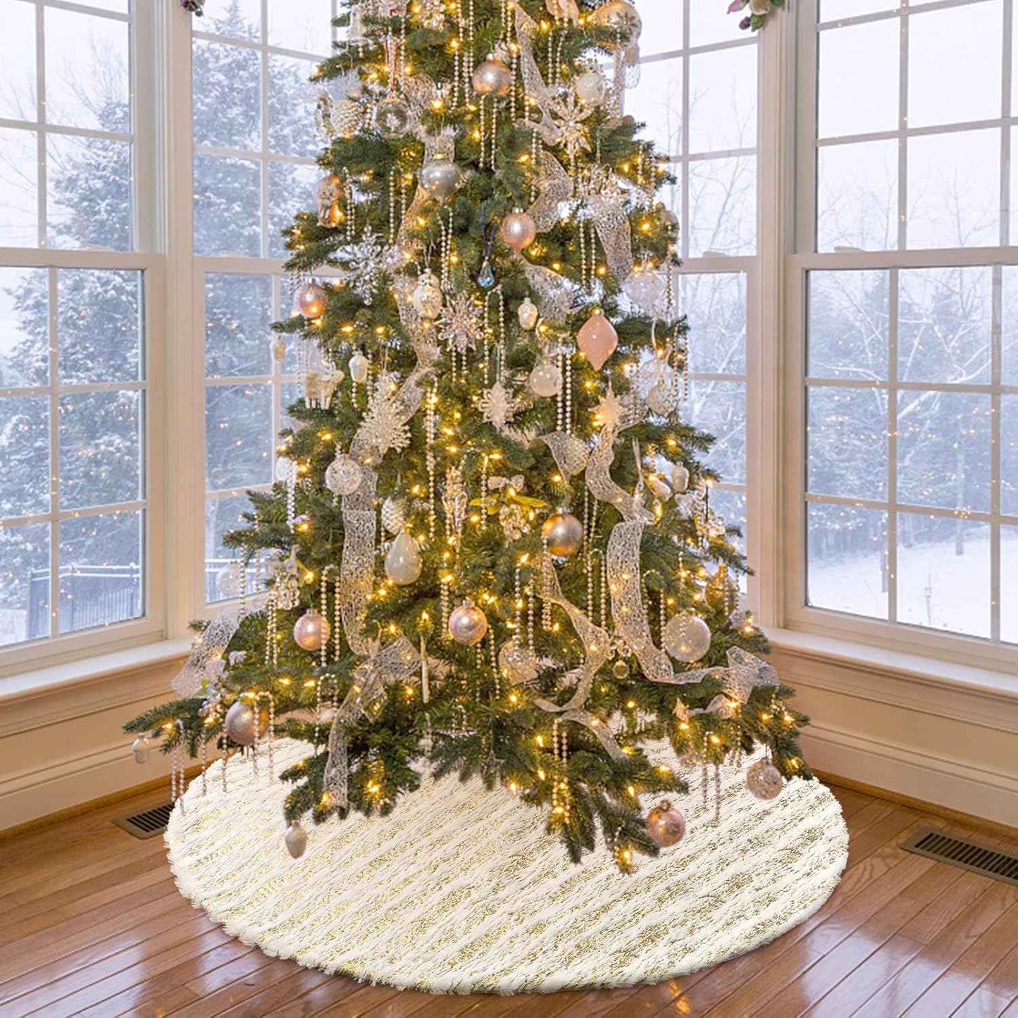 Christmas Tree Skirt, Large White&Gold Bronzing Luxury Faux Fur Tree Skirt Soft Thick Plush Xmas Tree Skirt for Family Holiday Christmas Party Tree Decorations(Gold,36inch/90cm)