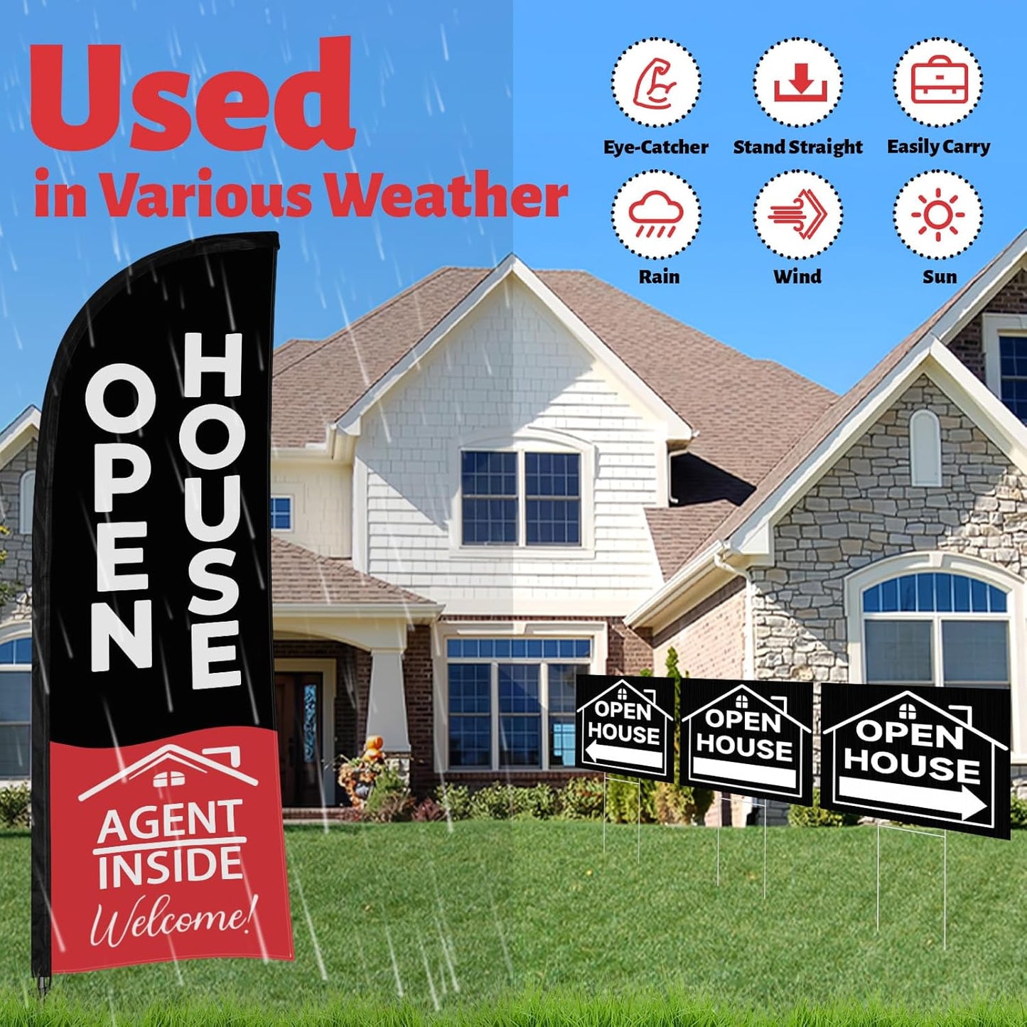 44 Pcs Open House Signs for Real Estate, Double Sided Open House Flag Kit, 7.6 x 5.4 Ft Black Banner Flag Poles Set for Outside, Directional Arrows Sign Stakes Balloons for Open House Supplies