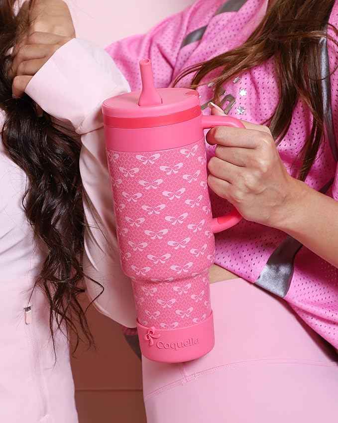 40 oz Insulated Tumbler with Handle and Push-Button Straw Lid, Stainless Steel Travel Cup for Gym Office, Leakproof, BPA-Free, Cup Holder Friendly, Bow Silicone Boot, Pink (Coquette Fuchsia)