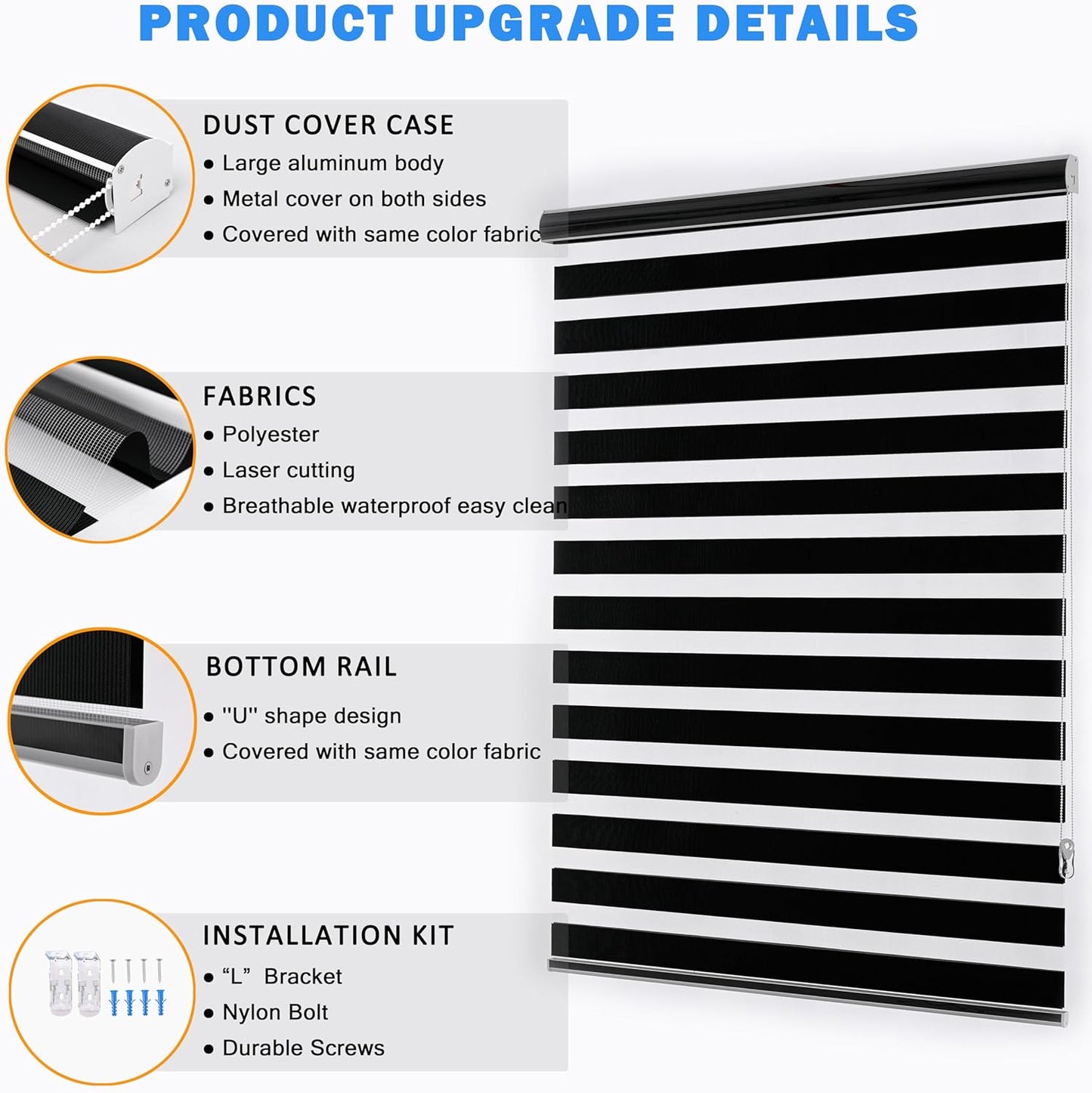 Blackout Zebra Blinds, Dual Layer Free-Stop, Room Darkening Zebra Shades, Blinds for Indoor Windows, Light Filtering Privacy Sheer Shade for Home(75" W X 72" H, Black)