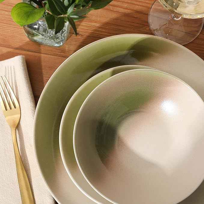 Gibson Elite Crescenton Plates and Bowls Sets, 12-Piece Green Stoneware Dinnerware Sets, Round Reactive Glaze Dish Set