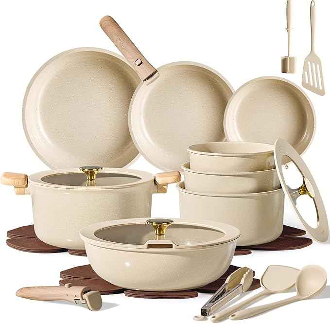 CAROTE 25PCS Ceramic Cookware Set, Pots and Pans set Non Stick, RV Kitchen Cooking Set Removable Handles, Oven Safe, Induction Cookware, Non-toxic Kitchen Cooking Set, PFAS Free, Mothers Day Gifts