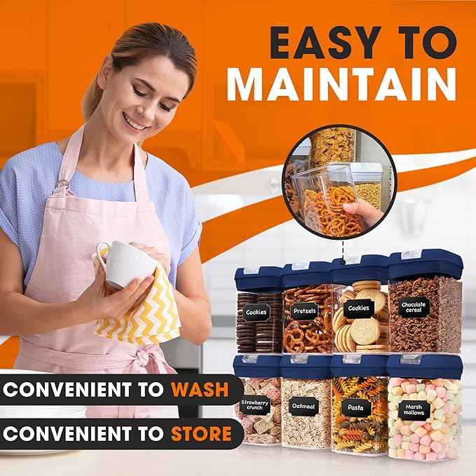 Cheer Collection Airtight Food Storage Containers, Kitchen Storage Containers for Pantry, Set of 8 Food Containers with Lids Airtight, Pantry Storage Containers & Organizers with Lids, Navy Blue