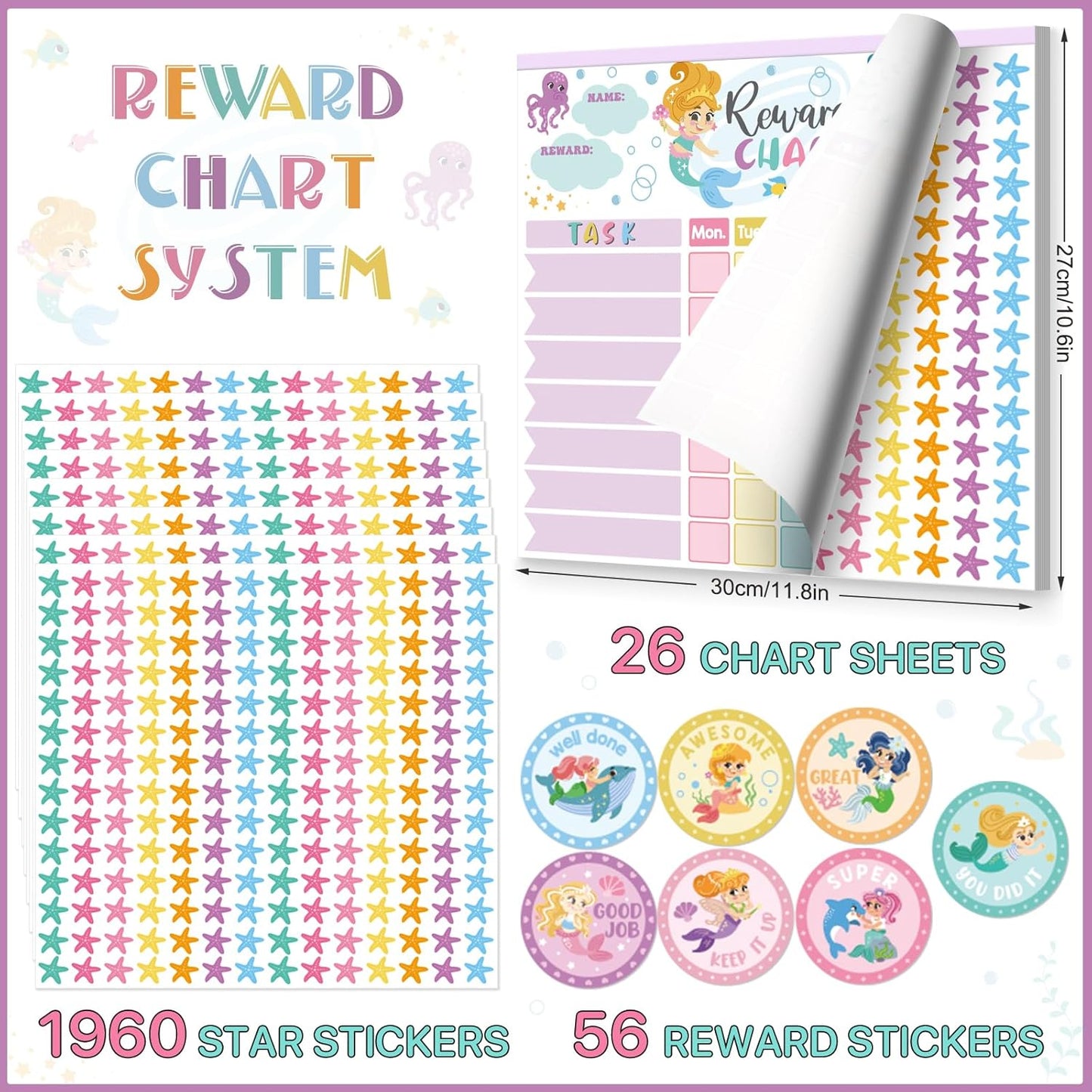 Reward Chart for Kids,Magnetic Behavior Chore Chart for Kids at Home,26 Mermaid Chore Charts,1960 Diamond Stickers,56 Reward Stickers,Incentive Chart to Develop Responsibility and Good Habits,Mermaid