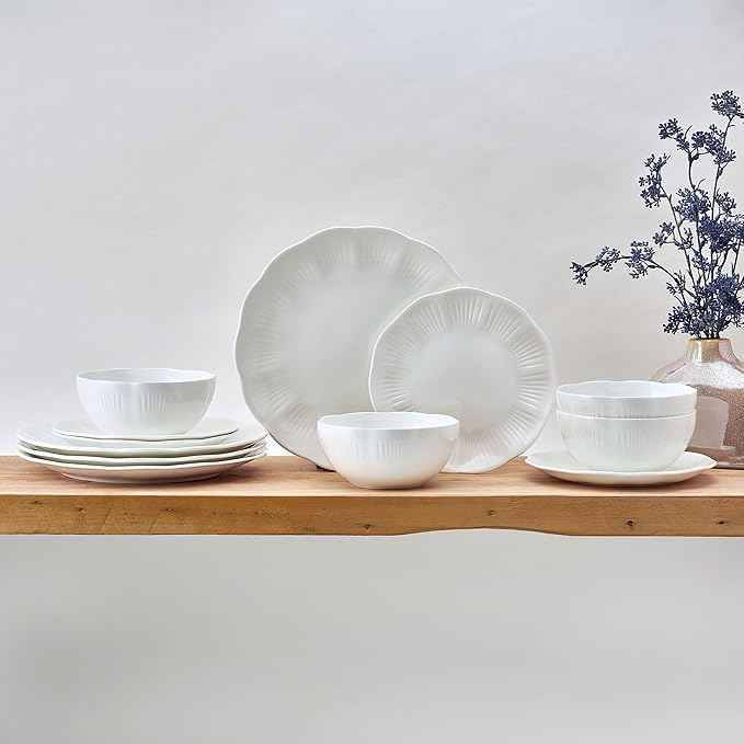 Mikasa Flora Scalloped Lightweight Chip Resistant Bone China 12 Piece Plate Bowl Dinnerware Set, Service for 4, White