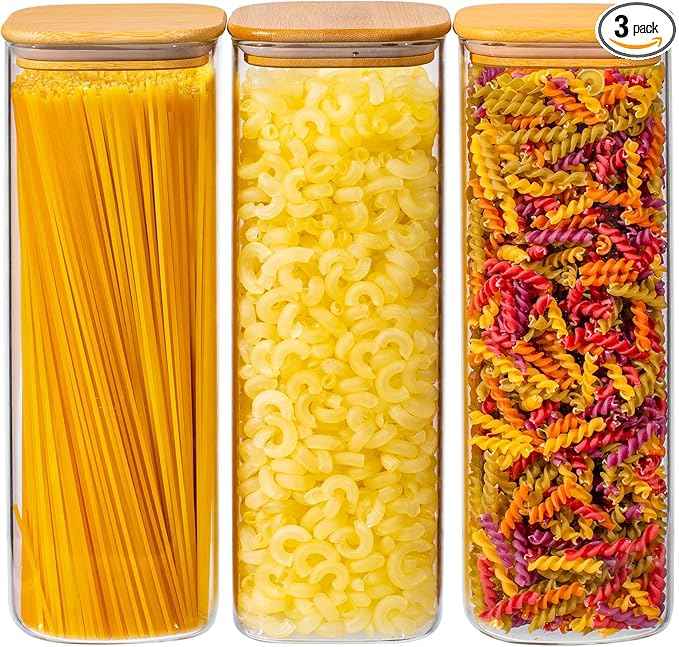 73oz 3PCS Sqaure Spaghetti Pasta Storage Containers with Lids, Pantry Containers Tall Glass Tight Food Storage Jars with Lids for Penne, Macaroni, Lasagna, Fusilli, Cereal, Flour, Sugar, Oats