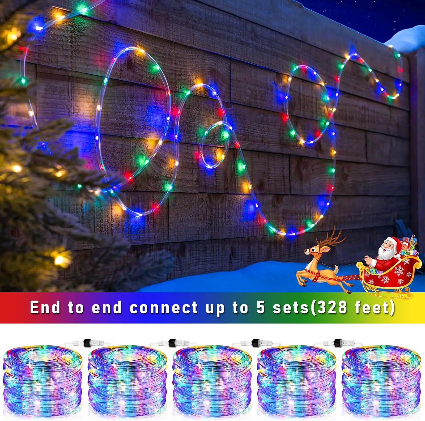 Rope Lights Outdoor, 66FT 200 LED Rope Lights for Indoor with Waterproof 8 Modes, Connectable Clear Tube Lights for Outside, Garden, Patio, Pool, Tree, Party Decorations - Multicolor