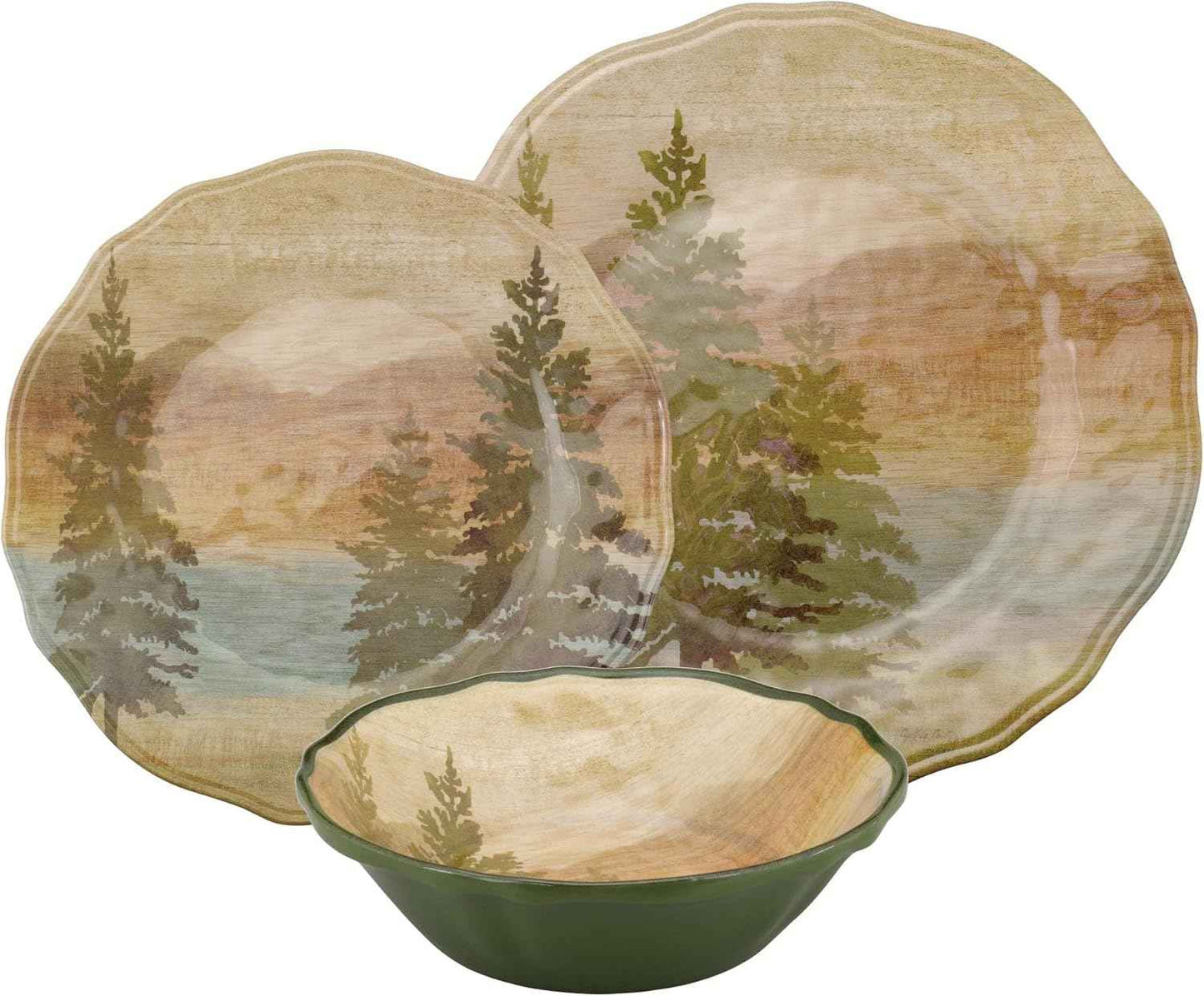 UPware 12 Piece Lakeside Pine Melamine Dinnerware Sets, Outdoor Dishes Set, Plates and Bowls Sets, Service for 4, Beige