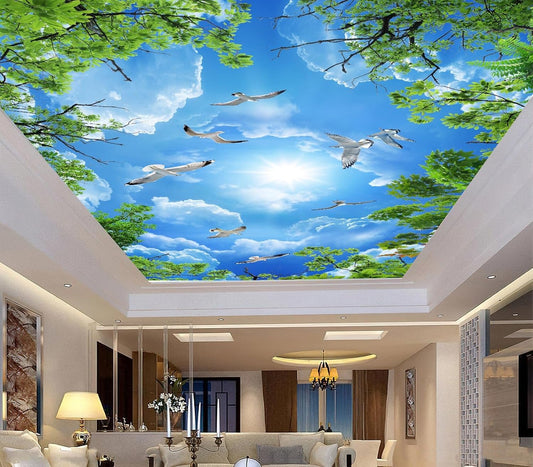 Sky Seagull Green Tree Ceiling 3D Wall Mural Wallpaper 137" x 100"