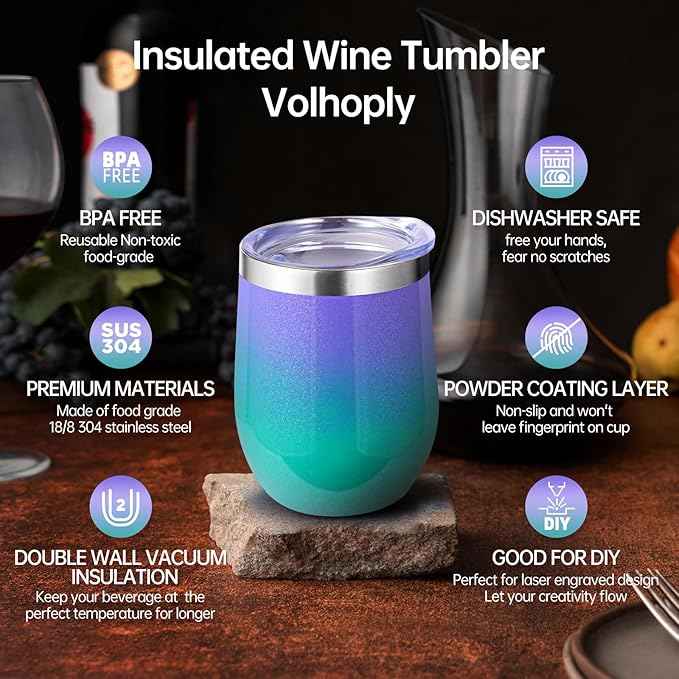 Volhoply 12oz Stainless Steel Wine Tumbler with Lid and Straw,Double Wall Vacuum Insulated Stemless Wine Glasses,Reusable Travel Coffe Mug for Cold Drinks,Tumblers Gifts for Women（Purple Green,1 Set）