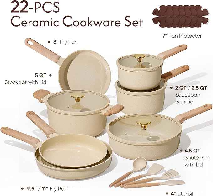 CAROTE 22Pcs Pots and Pans Set Non stick, Ceramic Cookware Set, Non-toxic Kitchen Cooking Set, PFAS and PFOA Free