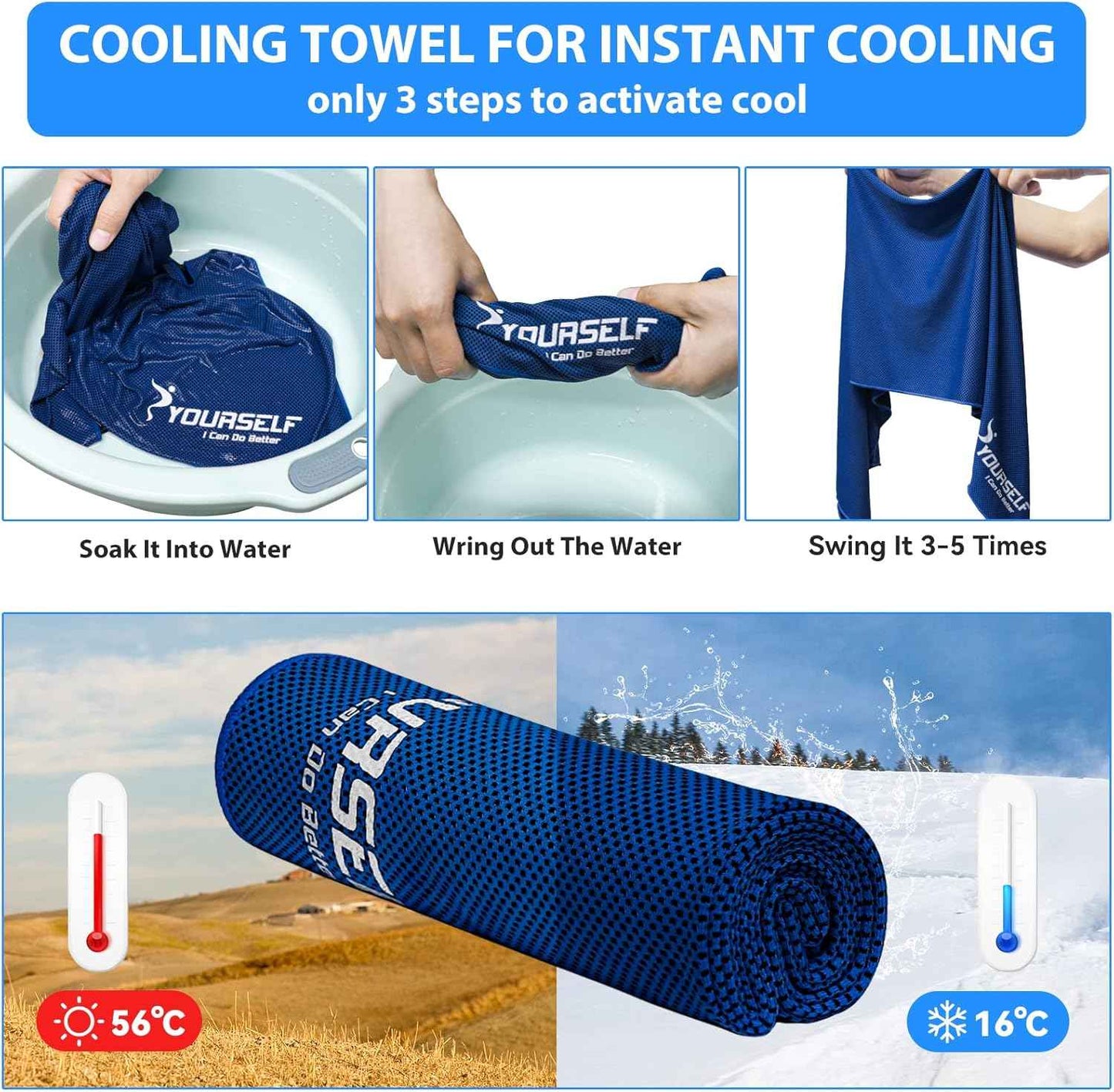 SYOURSELF Cooling Towel for Instant Relief Cool Bowling Fitness Yoga Towel-40 x12 Use as Cooling Neck Headband Bandana Scarf,Stay Cool for Travel Camping Golf Football &Outdoor Sport(Dark Blue)