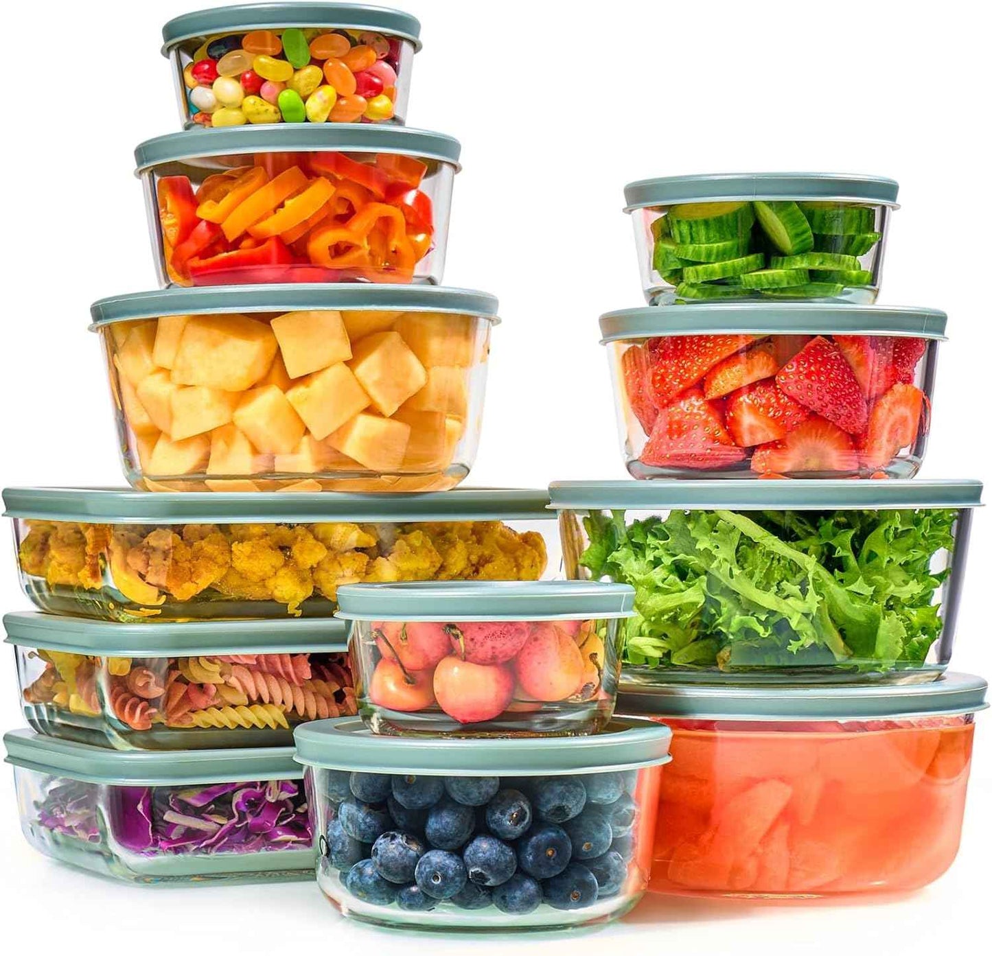 24pc Set Glass Food Storage Containers & Bowls with Airtight Lids - Leakproof BPA-Free Meal Prep Airtight Stackable Lunch Boxes, Kitchen Pantry & Storage Organizers - Microwave Freezer Dishwasher Safe