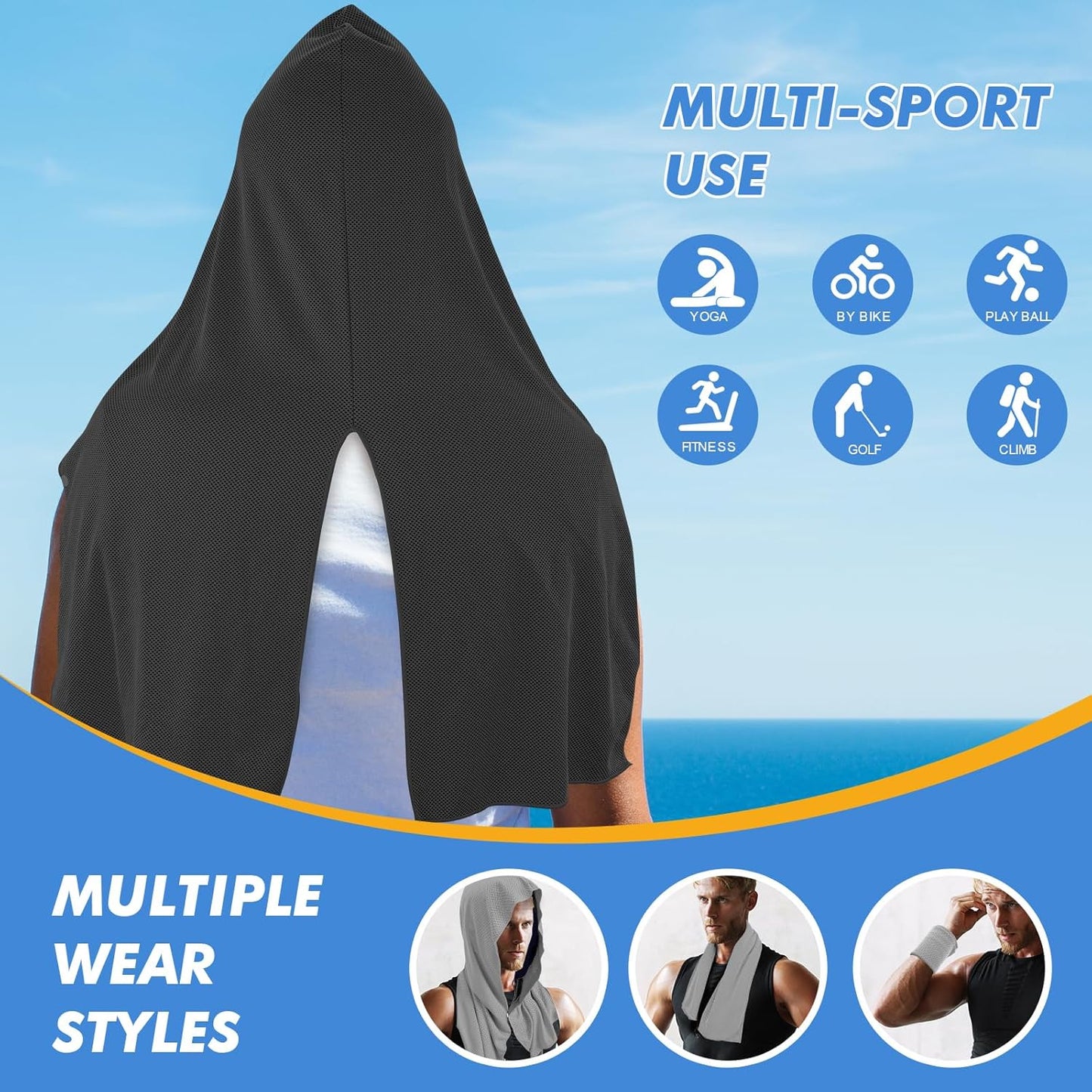 CSITE 4 Pack Cooling Hoodie Towels, Instant Cooling Towels for Neck and Face, UPF 50 Sun Protection, Ice Towel for Hot Weather, Head Towel for Sports, Camping, Cycling & More Activities