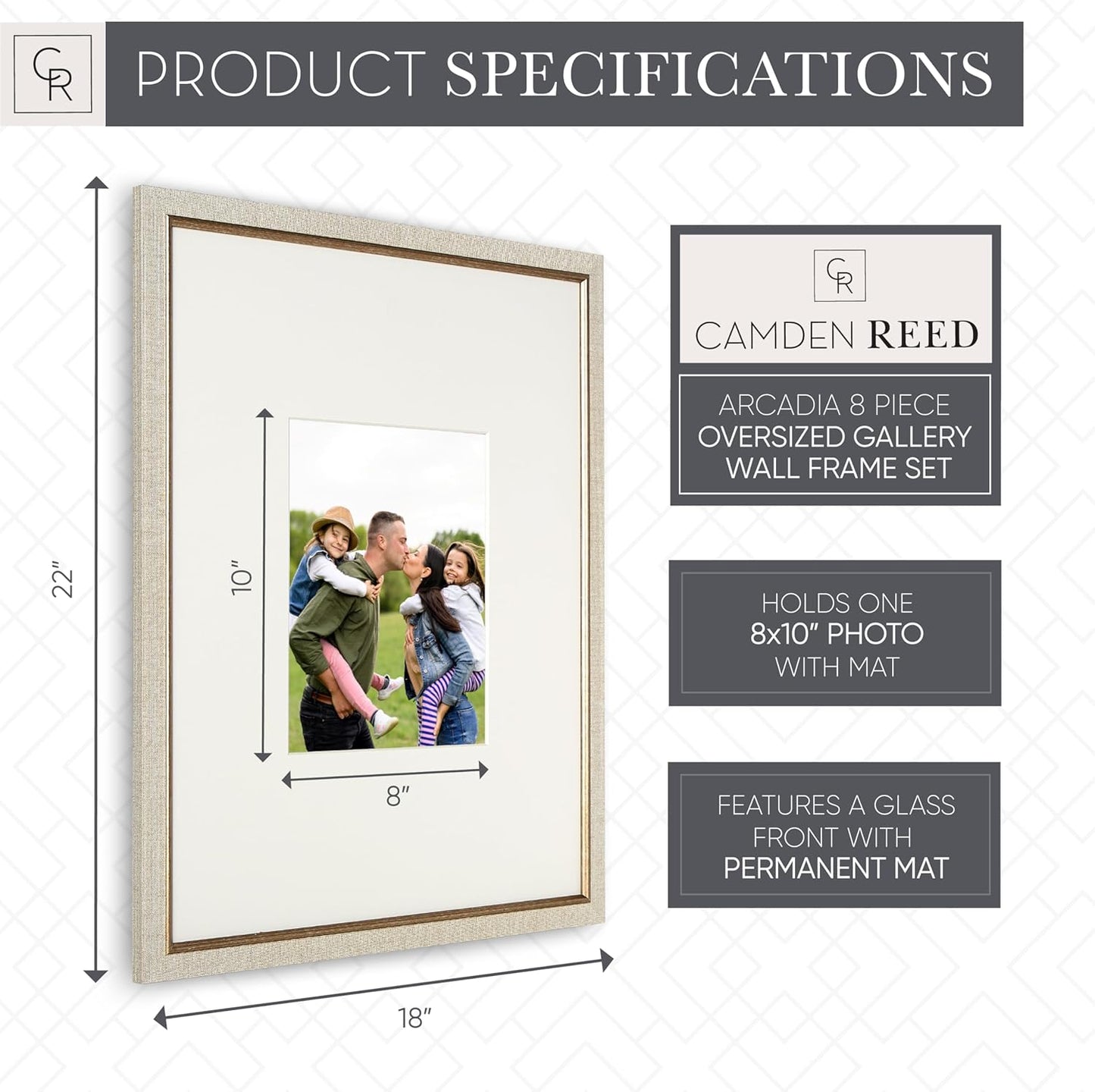 Camden Reed Gallery Wall Frame Set, 8 Pieces, 16x20 and 16x16 Inch Matted Frames, for 8x10 and 5x7 Photos, Ivory and Gold