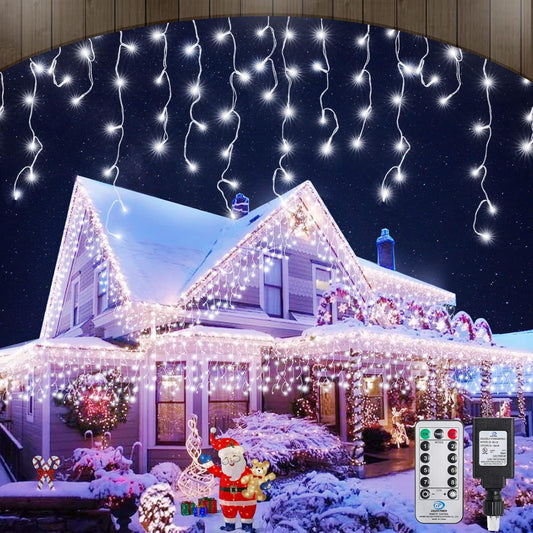 Icicle Christmas Lights Outdoor Decorations 1008 LED 98.4 FT 8 Modes LED Icicle String Light with 189 Drops, Fairy String Curtain Lights for Christmas Holiday Decor Wedding Party (Cold White)
