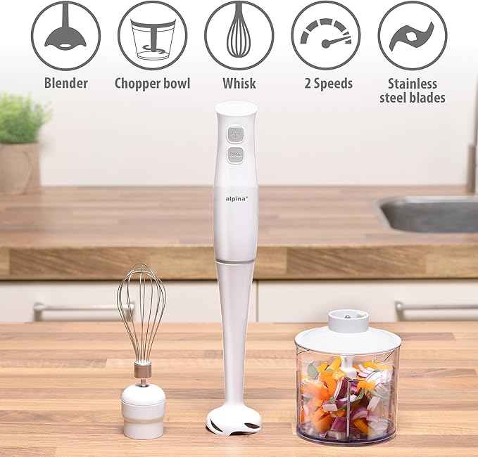 Alpina Hand Blender with Accessories, Mini Chopper, Blender, Arm, Blender, Multifunction 400W, White