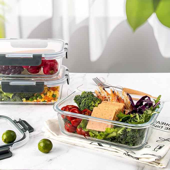 UMEIED 12 PACK Glass Food Storage Containers with Leak Proof Lids, Glass Airtight Meal Prep Containers Set for Lunch, On the Go, Leftover, Kitchen Pantry Organizers and Storage (Grey)