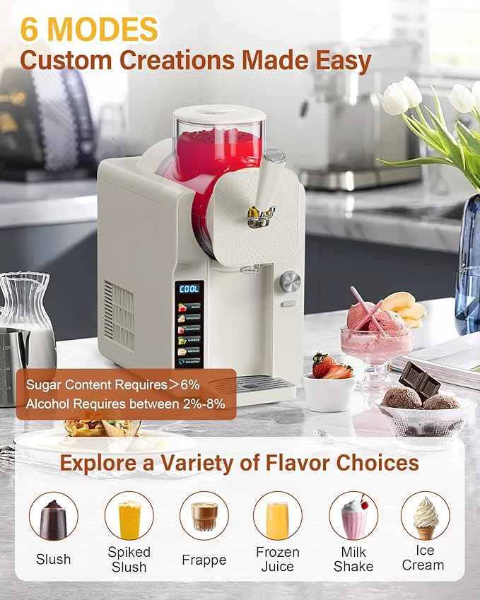 Slush Machine & Ice Cream Maker Machine 2-IN-1, 6 Modes for Smoothies, Milkshakes, Cocktails, Margarita, and Ice Cream, Double-Layer Tank, With Ice Cream Cone Holder, Self-Cleaning, For Home Use
