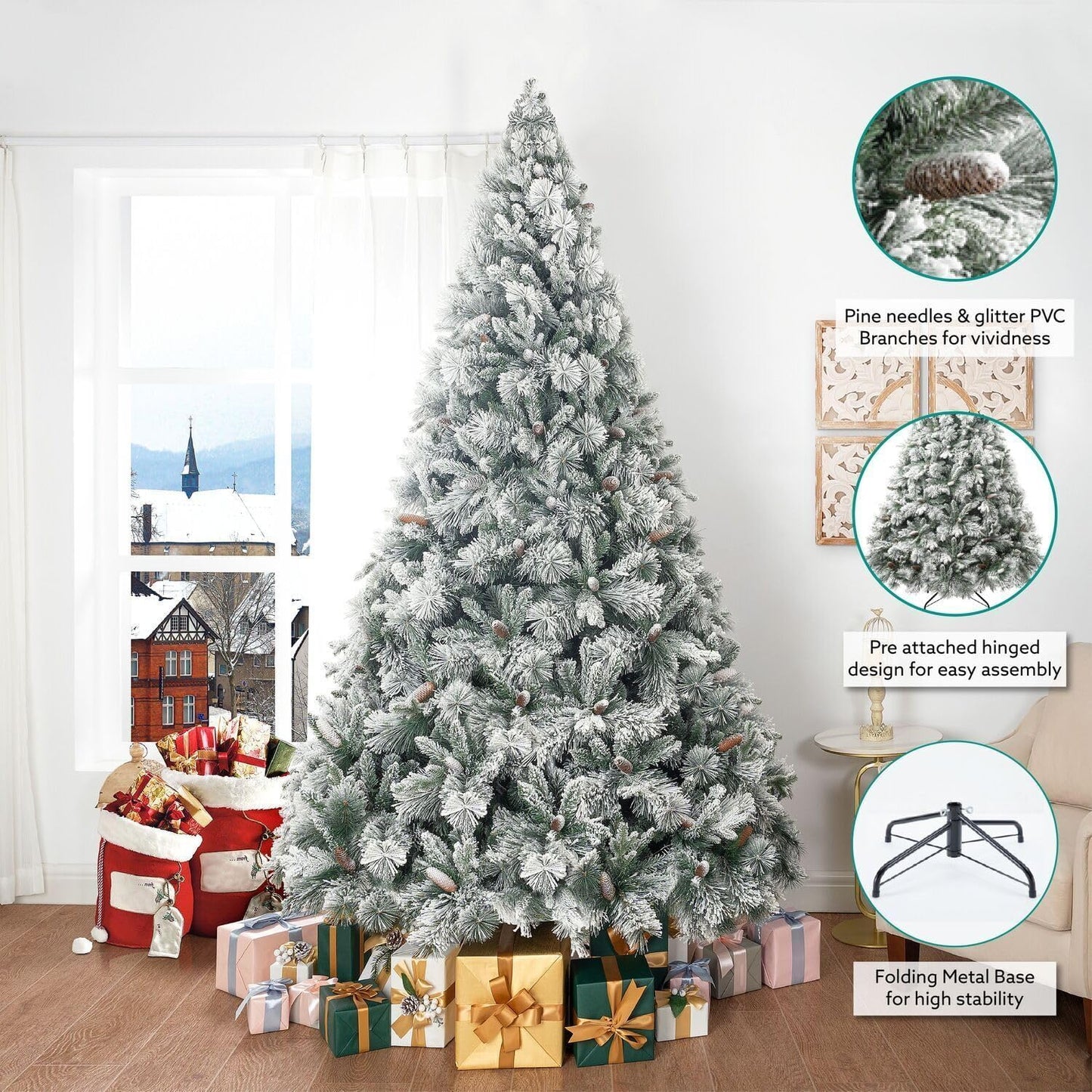 Naomi Home 7.5ft Snow Flocked Christmas Tree with Lights,Realistic Frosted Pine Prelit with Pine Cones, Foot Pedal 1556 Branch Tips, 750 Warm Lights & Metal Stand, Pre Lit Xmas Tree