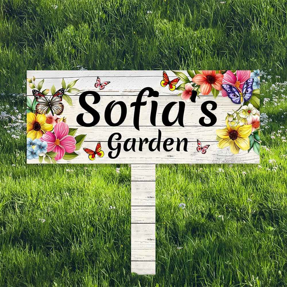 Custom Metal Garden Sign With Stake,Flower Personalized Gardener Family Name Signs,Customized Grandmother Gifts Gardening Decorative,Colorful Butterfly Plaques for Outside Lawn Patio Yard Art Decor
