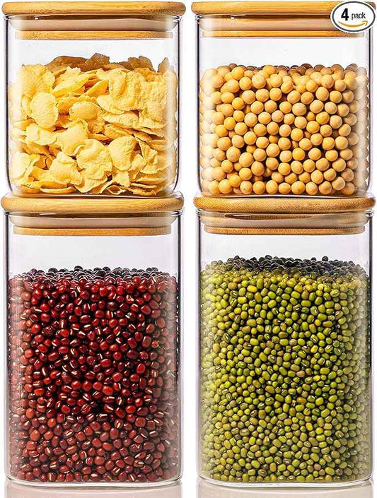 42oz & 27oz - 4 Pack Square Glass Jars with Bamboo Lids, Glass Food Storage Containers with Airtight Lids for Kitchen, Air Tight Pantry Storage Containers for Cereal, Pasta, Rice, Sugar, Coffee, Spice