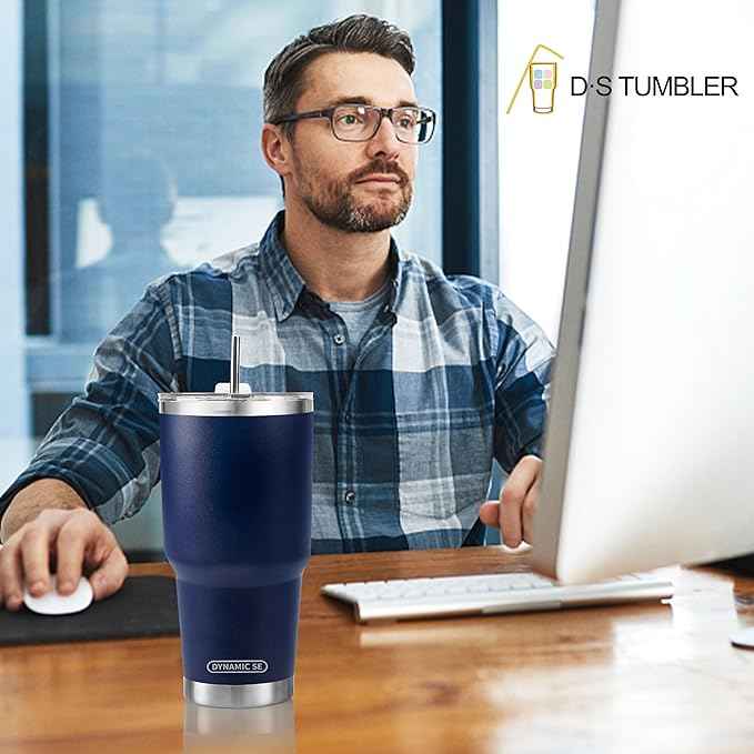 D·S 30 oz Navy Tumbler Stainless Steel Double Wall Vacuum Insulated Mug with Straw and Lid, Cleaning Brush for Cold and Hot Beverages