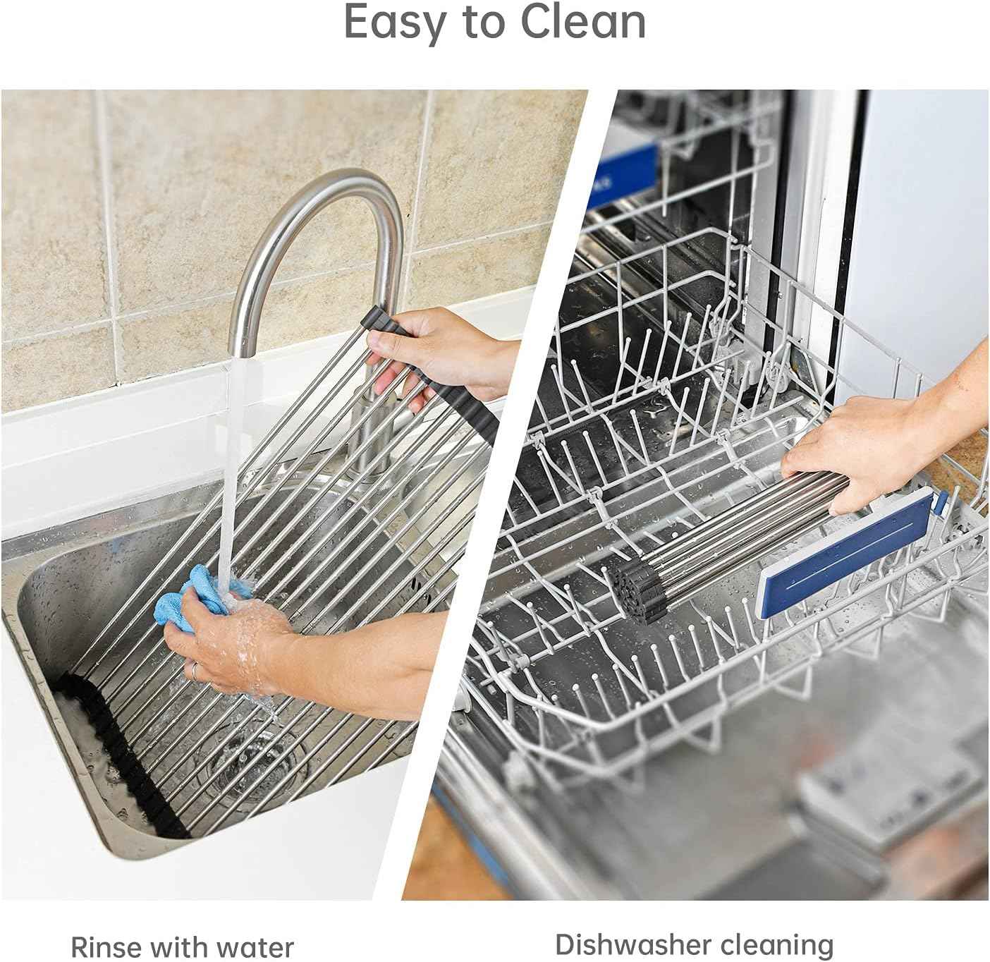 Large Telescopic Drain Rack Roll Up Rack Heat-Resistant Dish Drainer Kitchen Sink Rack Over the Sink Dish Drying Rack Stainless Steel Dish Rack (18 Tube 21.25''x12.79'')