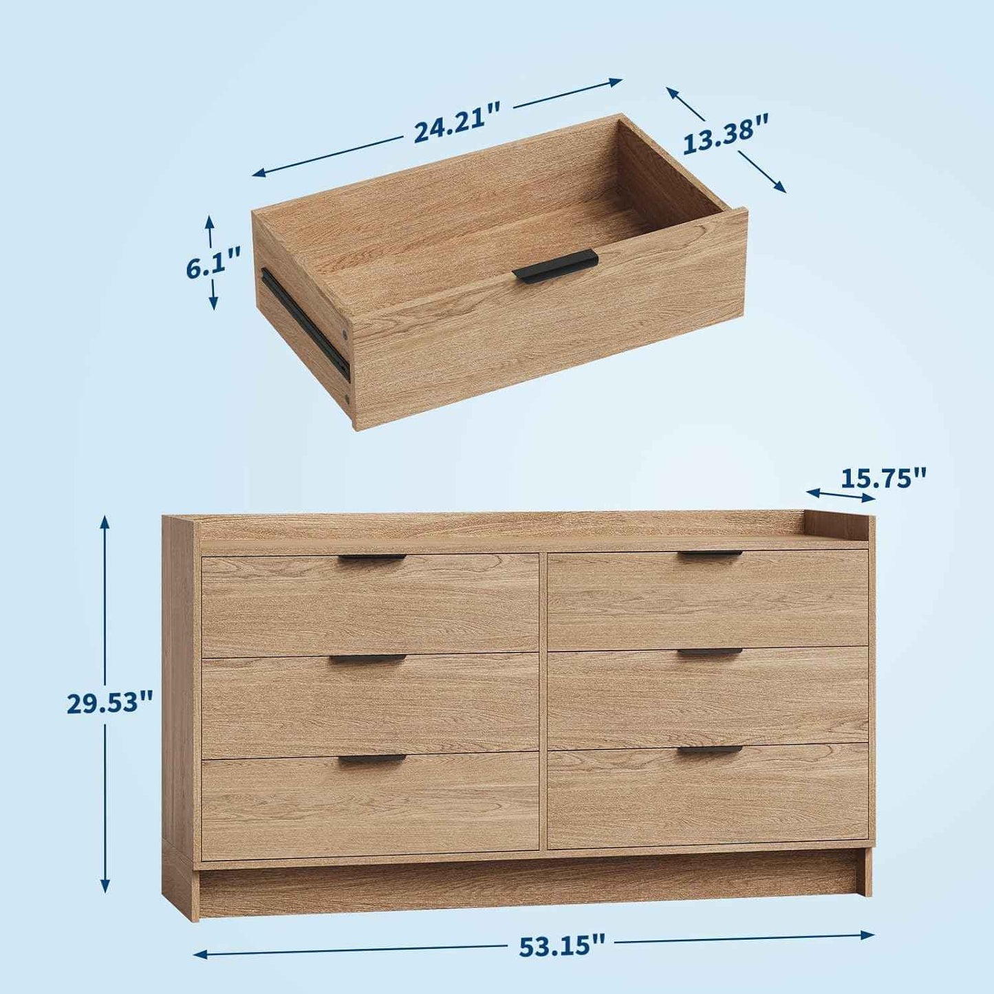 Modern Dresser with 6 Drawers 52.5" Wide Chest of Drawers with Metal Handle, Double Wooden Storage Cabinet with Deep Drawers & TV Stand Wood Closet Clothes Storage Organizer for Bedroom, Living Room,
