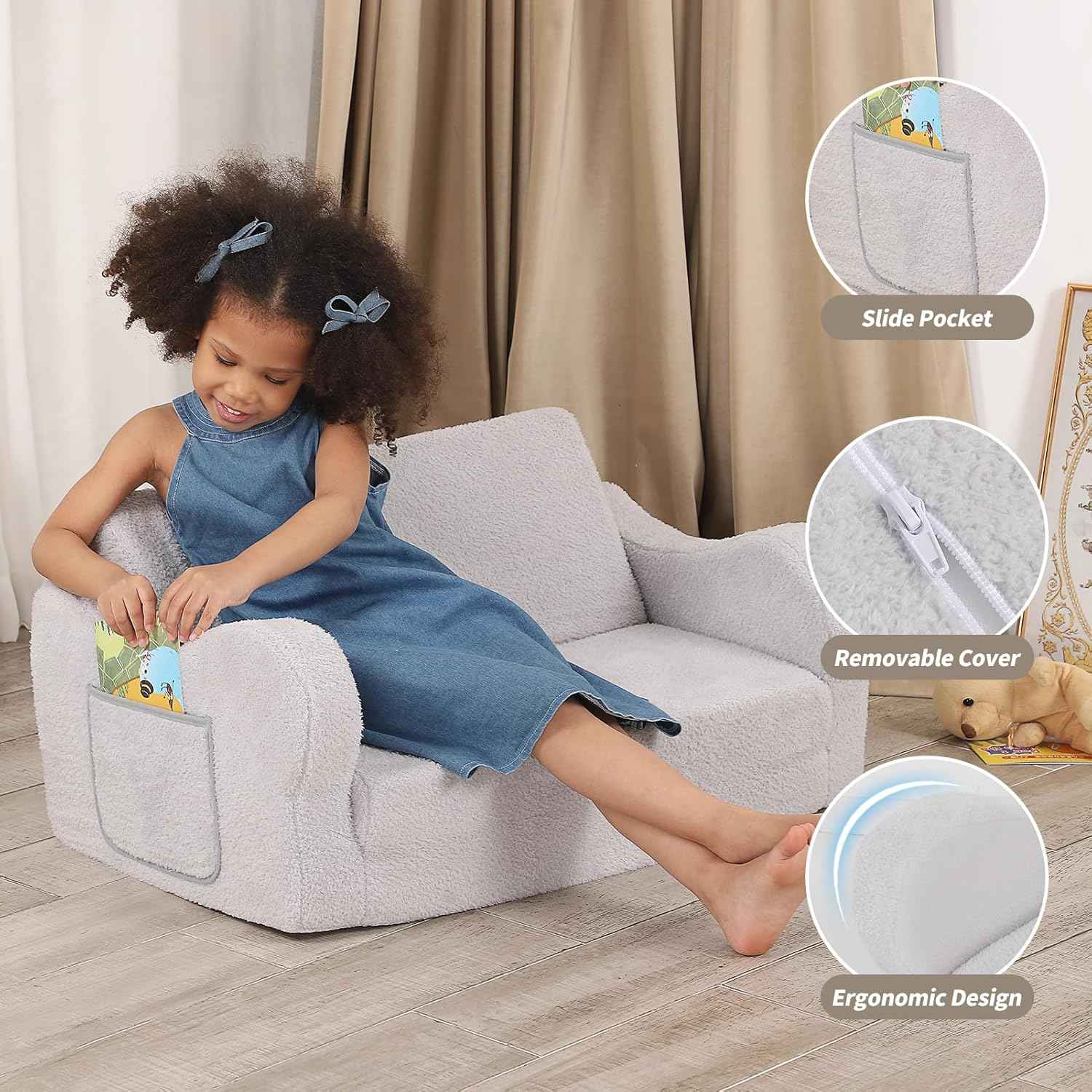 Extra Wide Toddler Chair, 2-in-1 Toddler Couch Fold Out, Convertible Sherpa Sofa to Lounger for Boys & Girls, Grey