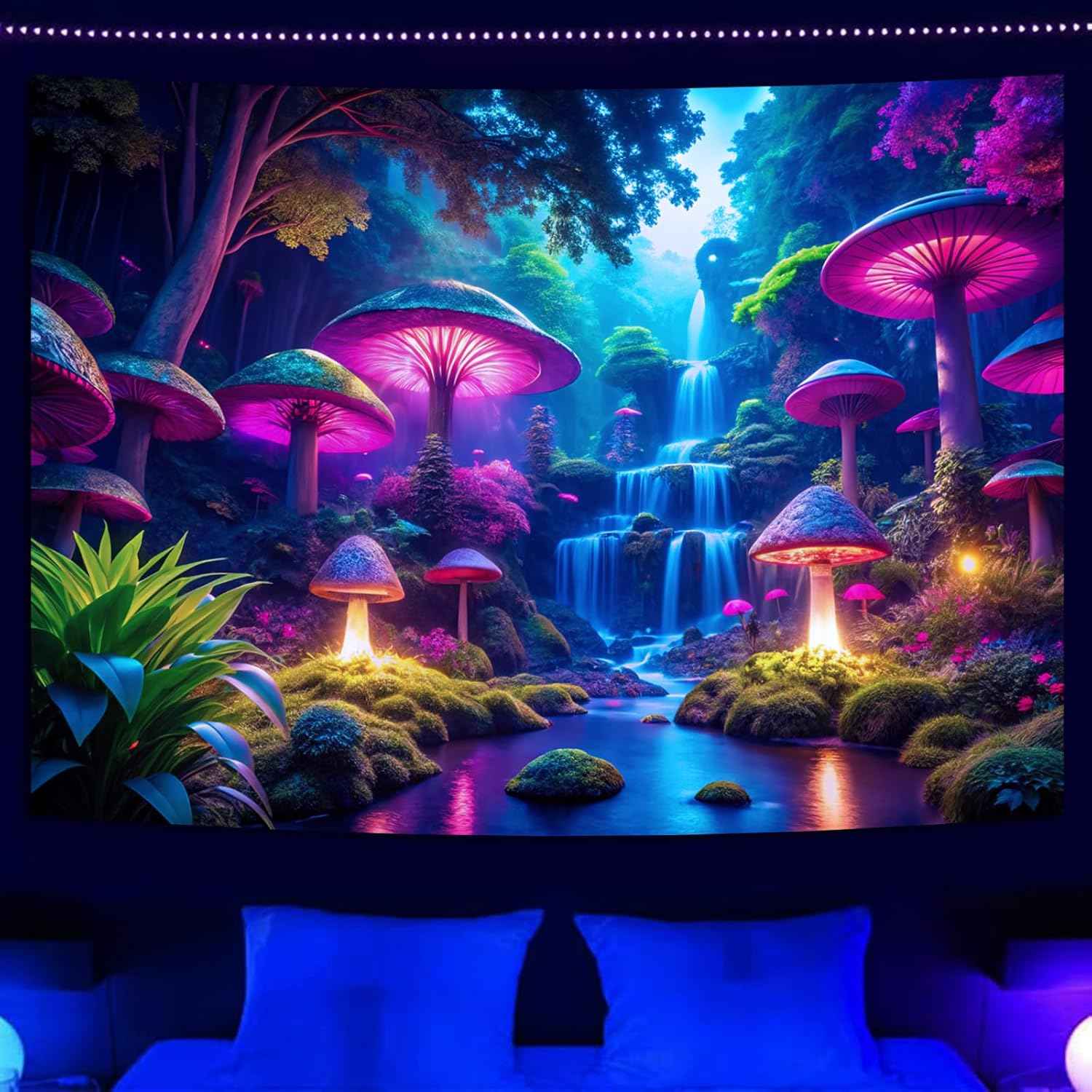 Miytal Blacklight Fantasy Mushroom Waterfall Tapestry – UV Reactive Neon Forest Wall Hanging, Glow in the Dark Nature Art Décor for Bedroom, Living Room - 59.1" x 80"