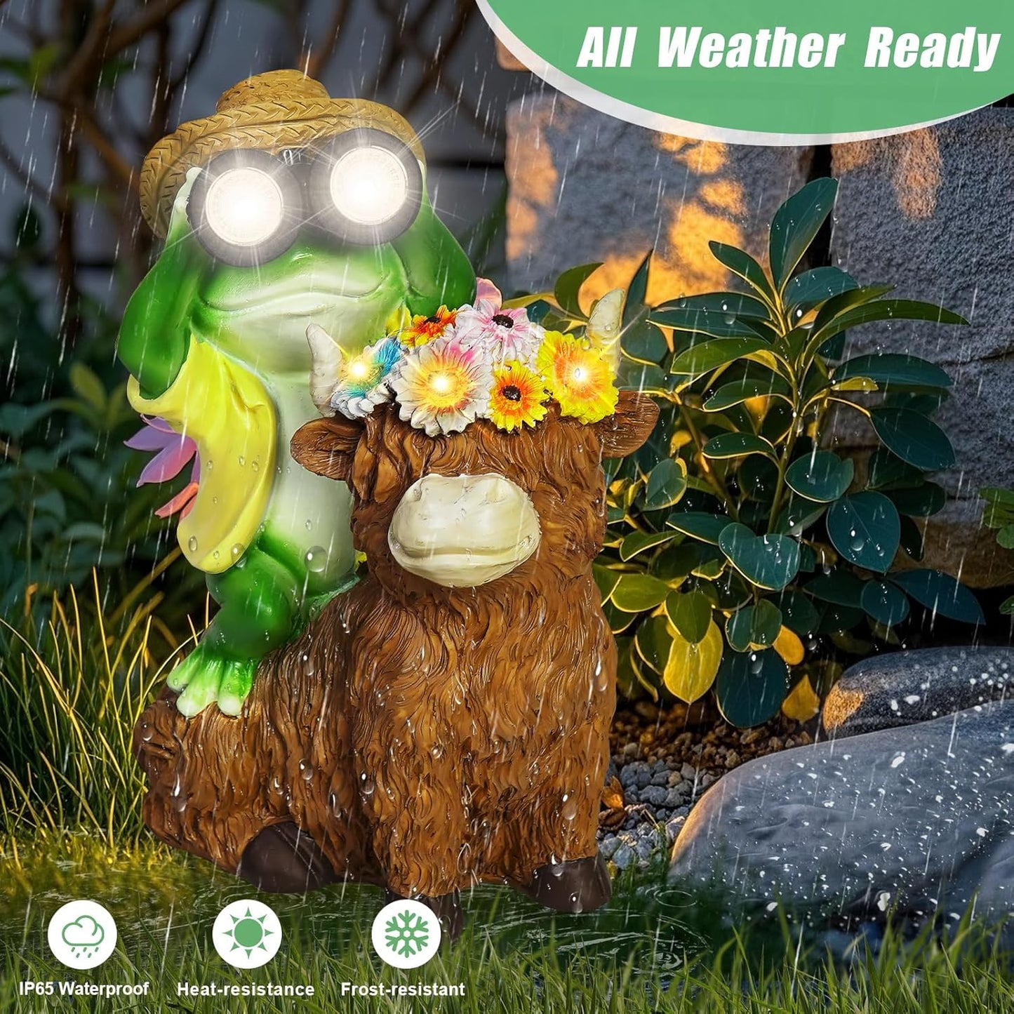 EDOF Solar Garden Lights Frog Sitting on Highland Cow Statue with Flower Garden Decor, for Women Mom,Frog Highland Cow Outdoor Figurine Decorative LED Lights for Yard Art Patio Porch Lawn