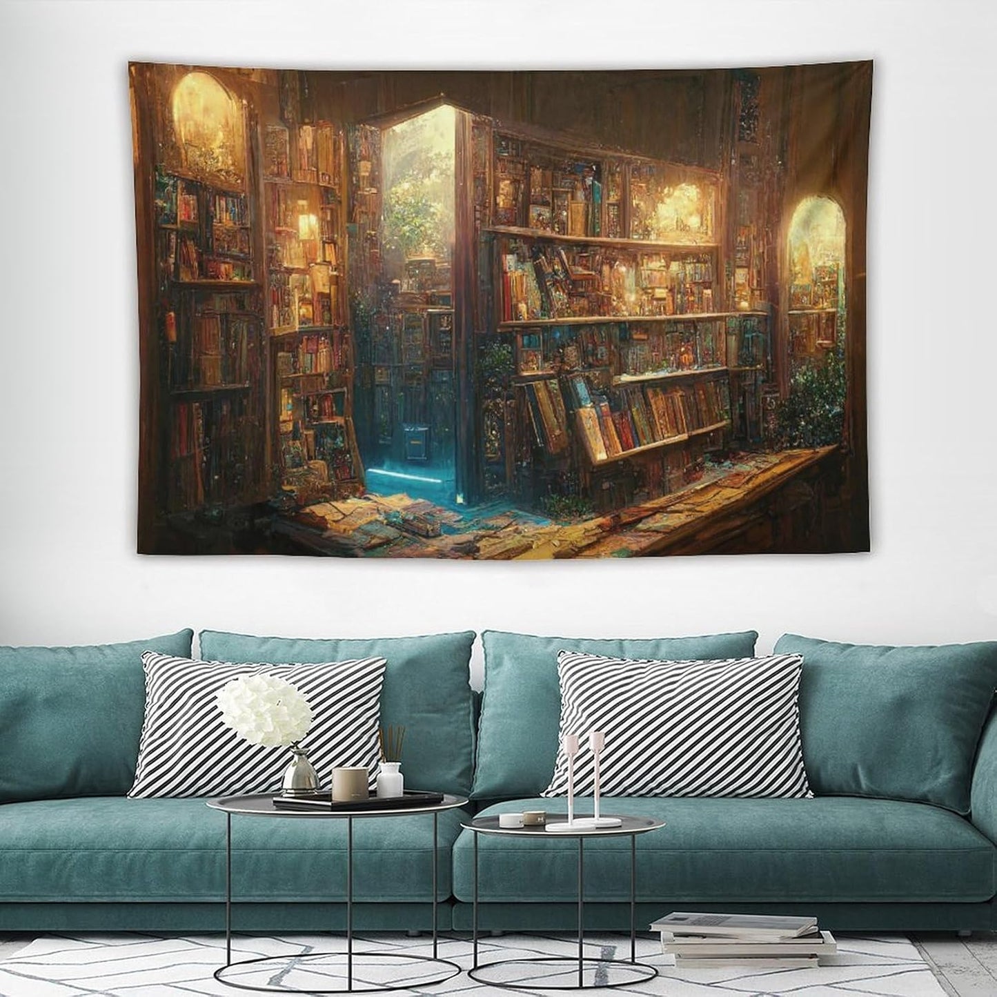 Kurtect Bookshelf Tapestry,Vintage Style Library Watercolor Art Theme Pattern Print Tapestries for Party Beach Picnic Blankets Tablecloths Living Room Wall Deocr, 40x60 in