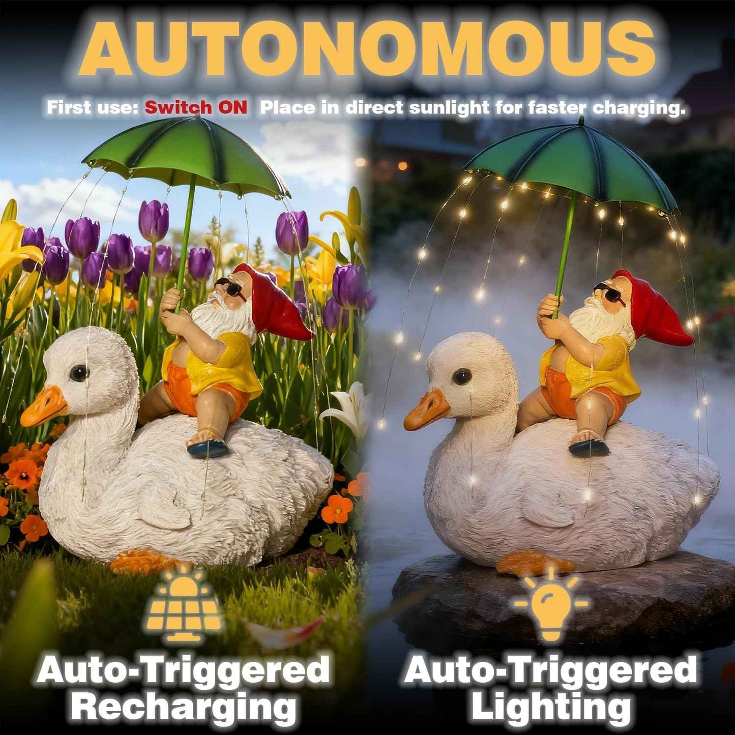 Solar Funny Garden Gnome Duck Figurine LED Lights Decorations for Yard Sculpture Outdoor Statue