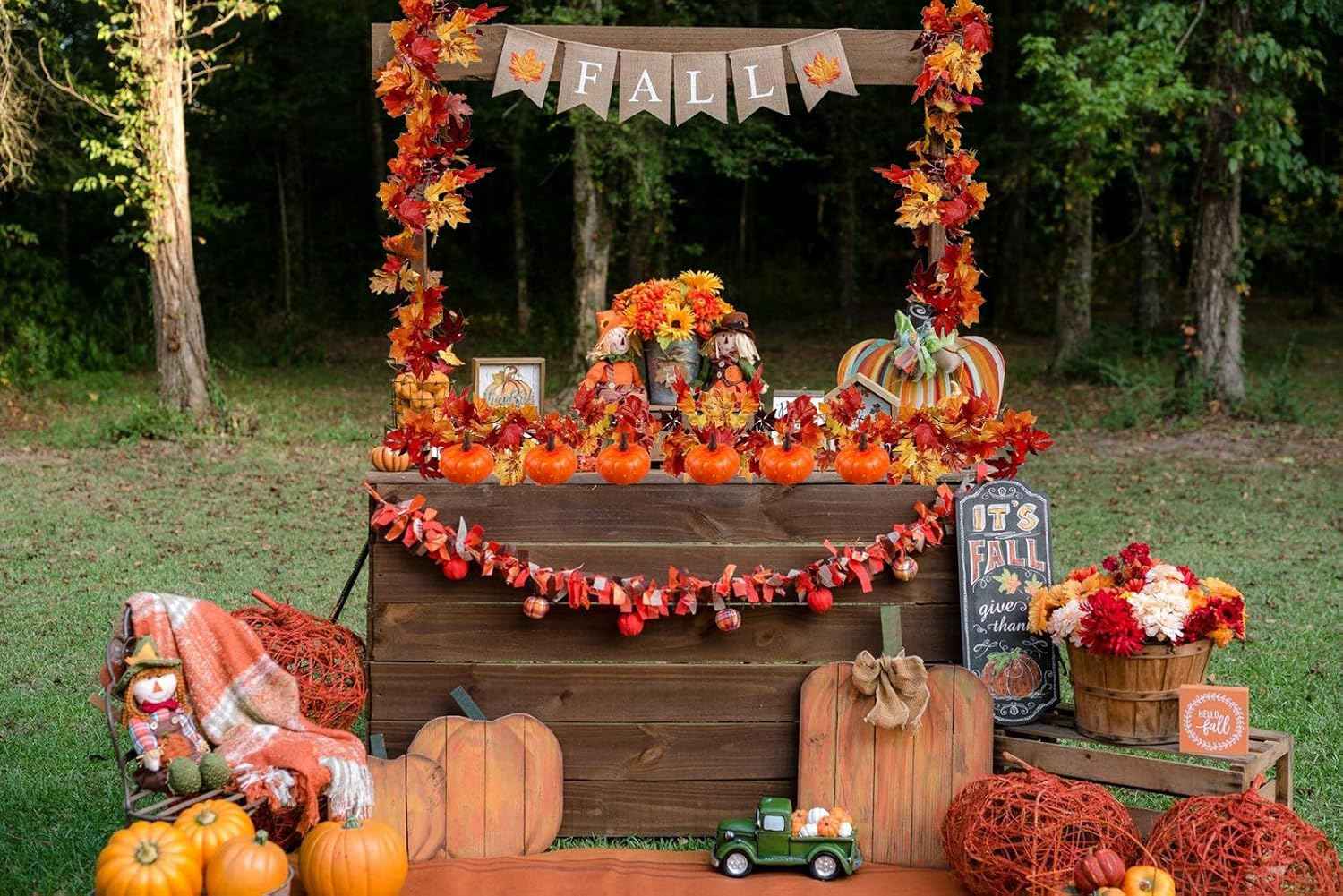 2 Pack Fall Maple Garland, 6.6 FT/Pcs Autumn Hanging Fall Leave Vines and Pumpkins for Home Garden Thanksgiving Dinner Fireplace Door Frame Doorway Backdrop Christmas Decor