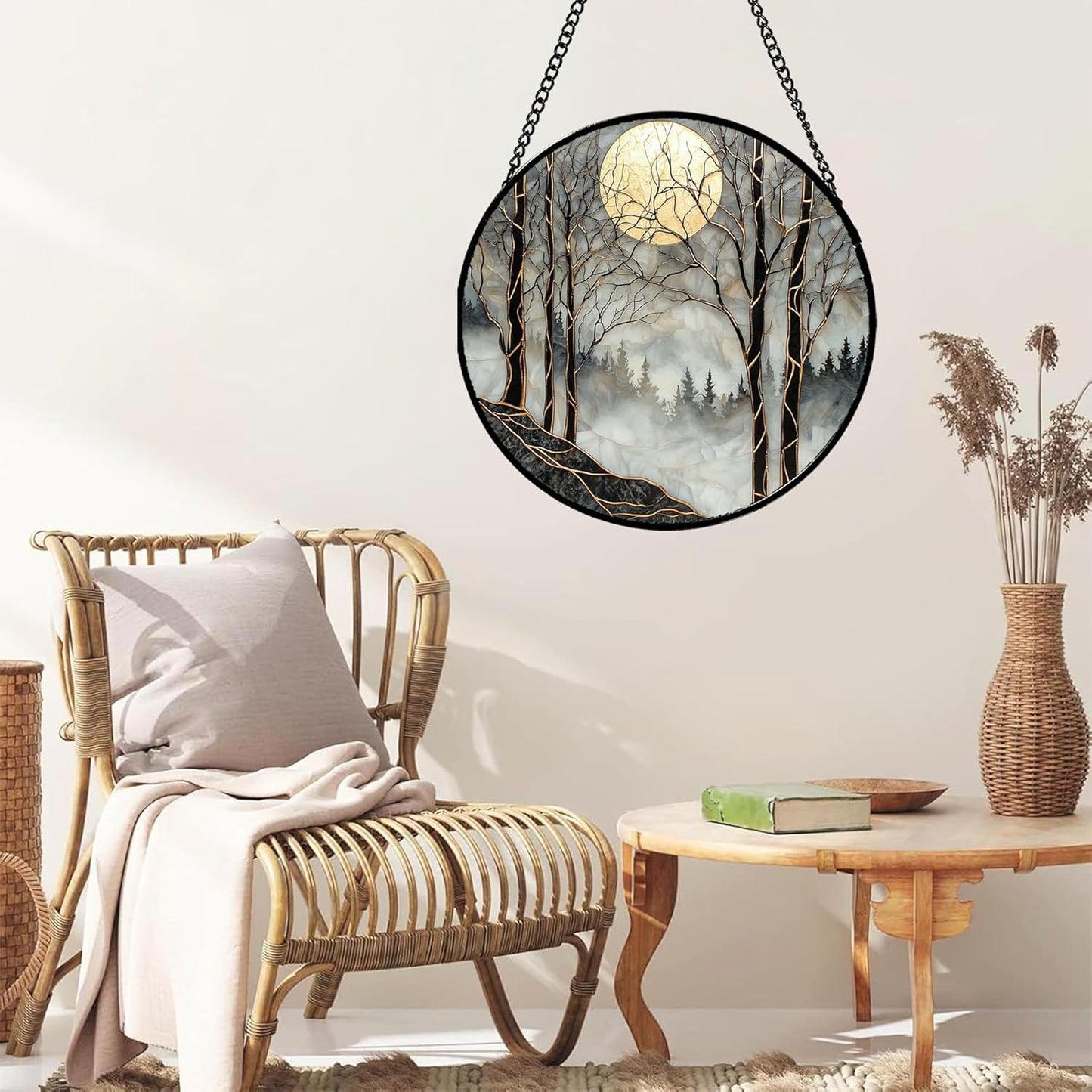 Stained Glass Window Hanging - Black and White Gold Moon Forest Sun Catcher for Door Home Decor Suncatcher Christmas Mother's Day Birthday Gifts for Women Men Lovers Mom Nana 7.8 in