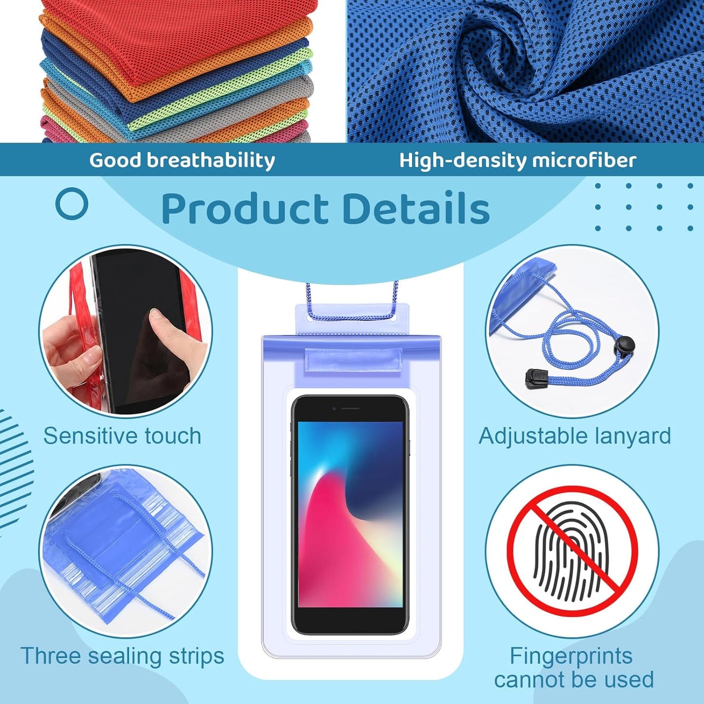BBTO 48 Pcs Cooling Towels Waterproof Cell Phone Pouch Set 24 40" x 12" White Ice Towel for Neck and Face 24 6.7" Underwater Cellphone Dry Bag with Lanyard for Running Yoga Snorkeling Swimming