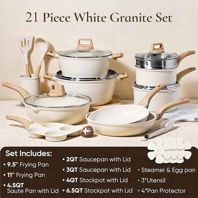 CAROTE 21Pcs Pots and Pans Set, Nonstick Cookware Sets, White Granite Induction Cookware Non Stick Cooking Set w/Frying Pans & Saucepans(PFOS, PFOA Free) Mothers Day