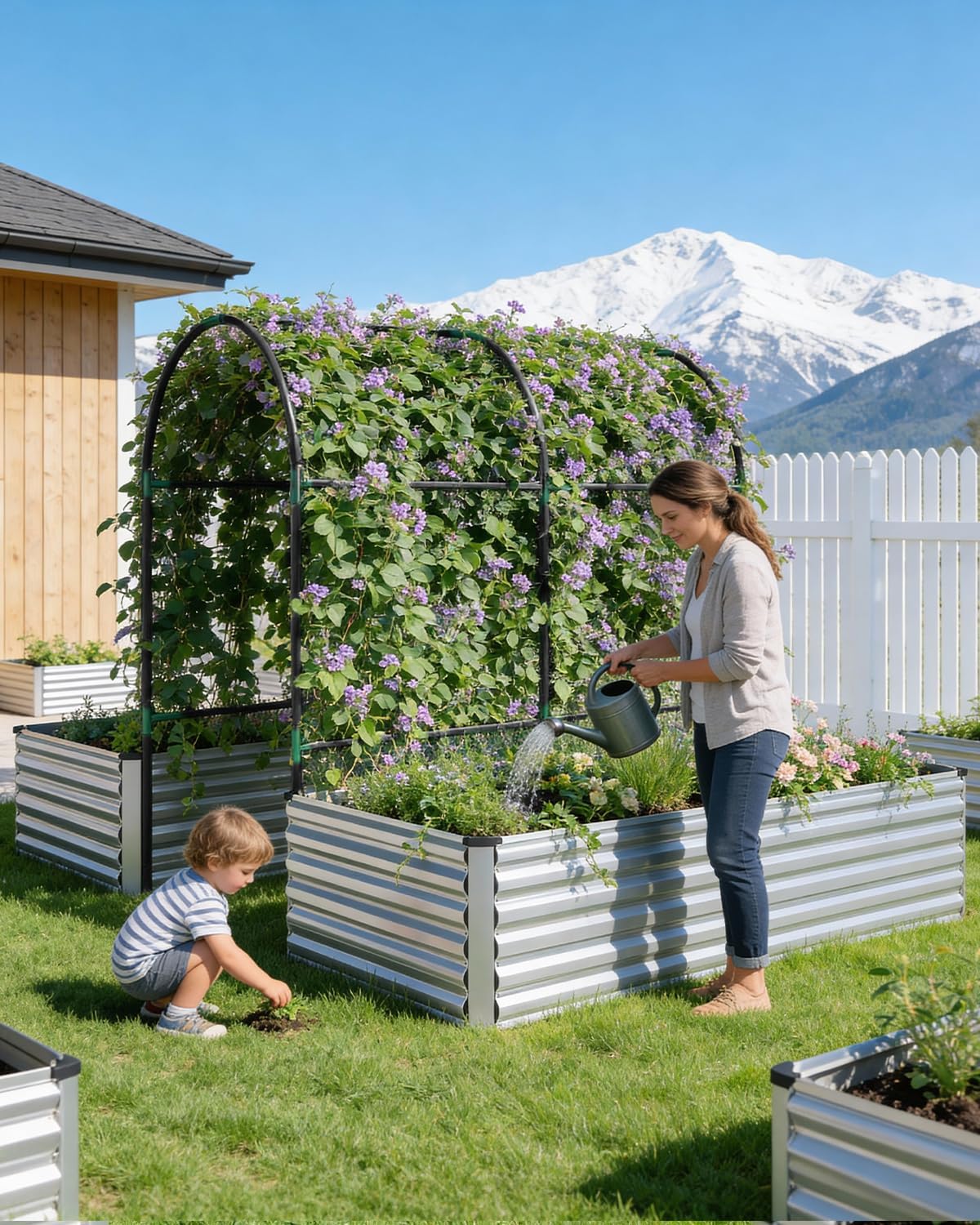 Raised Garden Bed with Arch Trellis for Climbing Plants,Galvanized Raised Garden Bed, Planter Boxes Outdoor for Vegetables Flowers Herb,269 Gallon Capacity Silver