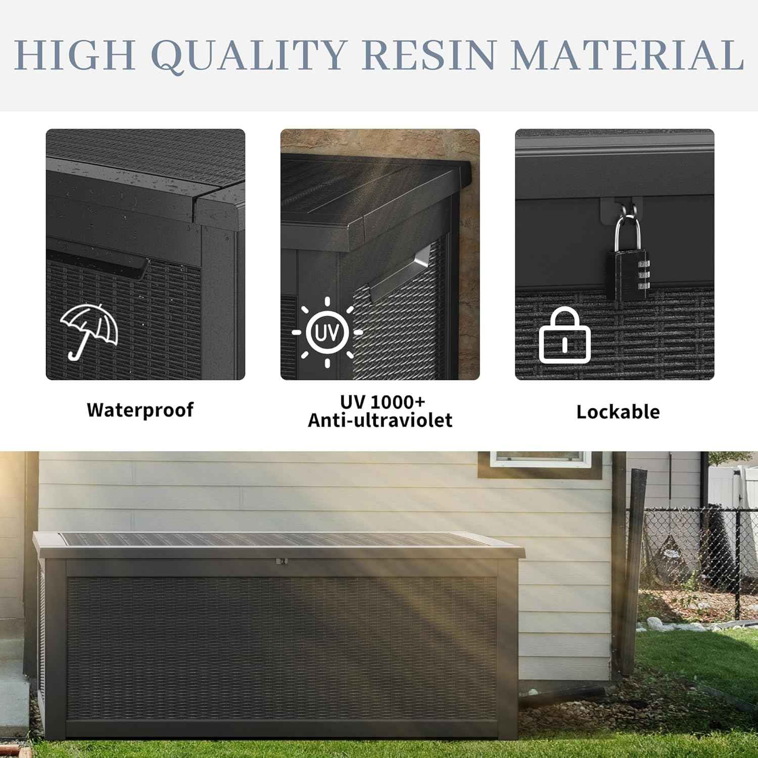320 Gallon Outdoor Storage Box, Resin Deck Boxes Outdoor Waterproof For Patio Furniture, Garden Tools, Pool Supplies, Lockable And UV Resistant (Rattan Black)