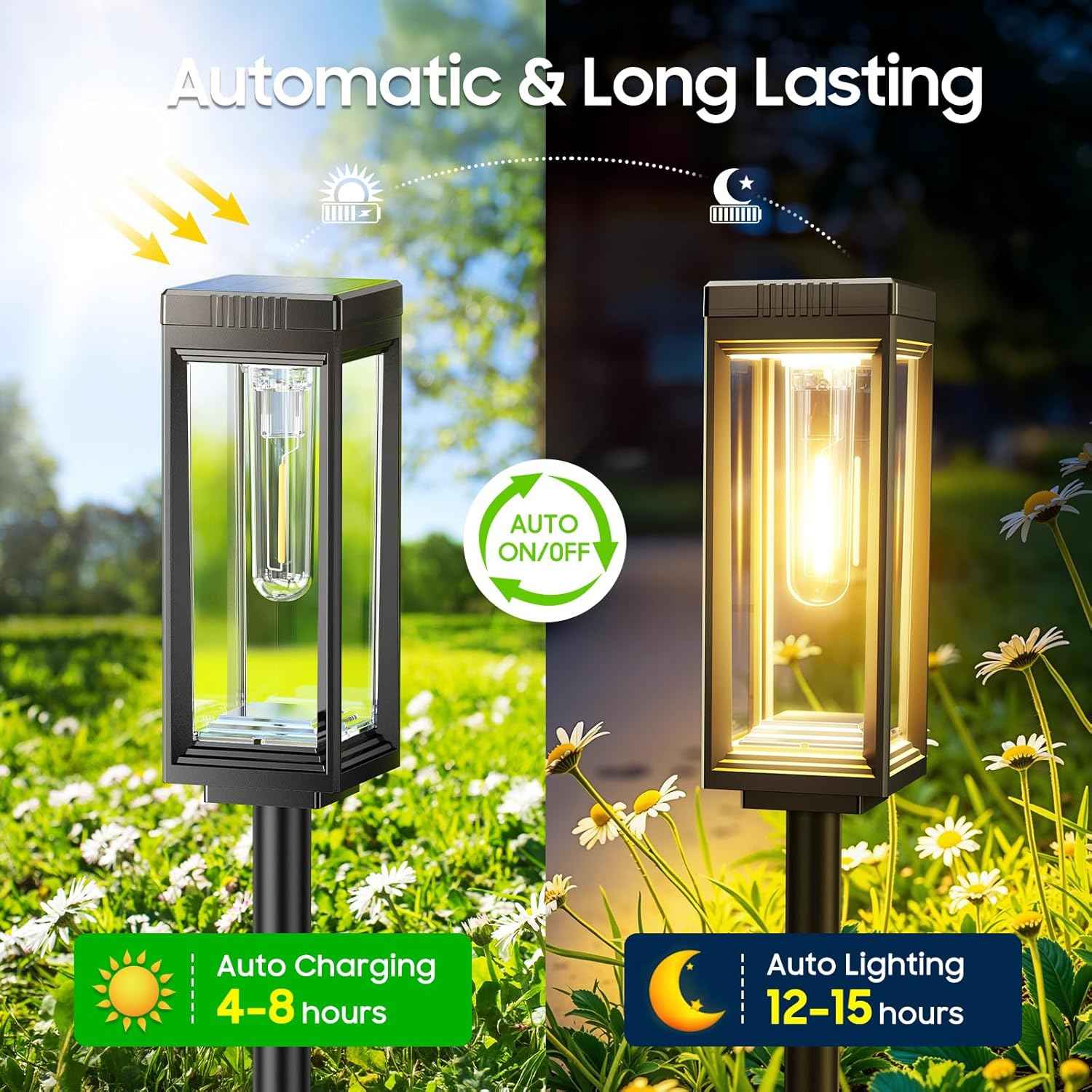 Bright Tall Solar Pathway Lights Outdoor Waterproof, 4 Pack Solar Powered Garden Lights, Auto On/Off, Up to 15Hrs Outdoor Light for Path Yard Walkway Driveway Patio Lawn Decor Landscape