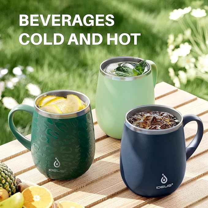 Ideus 16 oz (470 ml) Insulated Coffee Mug with Handle and Lid, Double Wall Stainless Steel Vacuum Thermal Coffee Mug, Travel Coffee Cup Thermal Cup for Home and Office, Leopard Green