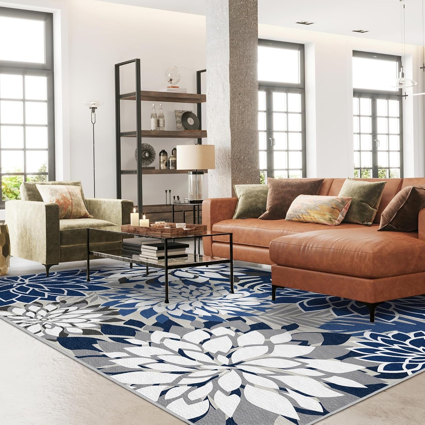 Indoor Outdoor Area Rug Washable Multicolored Patio Rug Tropical Botanical Modern Floral Indoor Outdoor Carpet Blue White Rug Non Slip for Patio, Deck, Backyard, Porch (9x12)