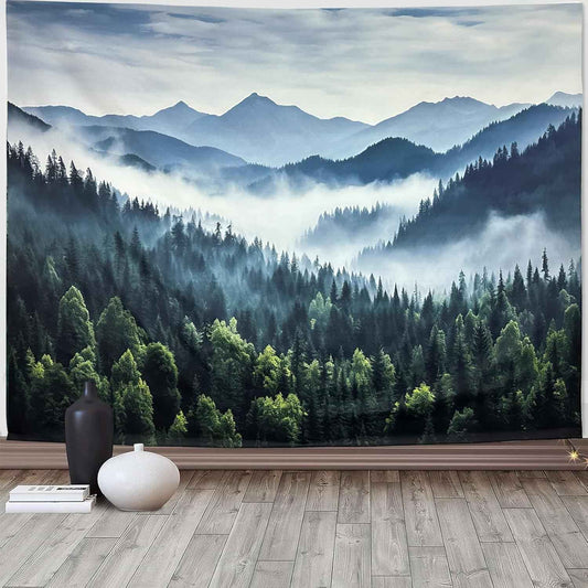 TUGCAY Misty Mountain Forest Tapestry Foggy Tree Tapestry Nature Scenery Landscape Wall Tapestries Aesthetic for Bedroom Living Room Dorm Office Decor 80 x 60 Inches